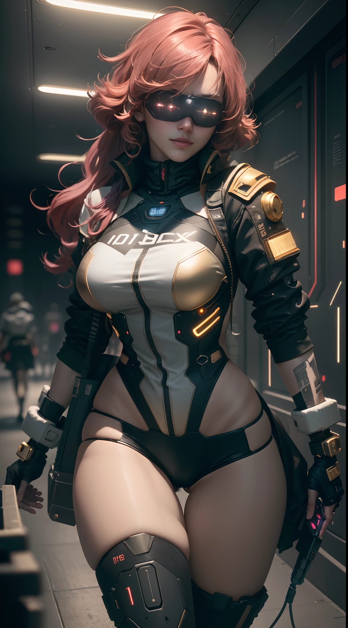 Best Quality)), ((Masterpiece)), (Very Detailed:1.3), 3D, Beautiful (Gold Cyberpunk:1.3) Female hacker, curly red hairstyle, big breast, thick hair, Head mounted display, operating computer terminals, computer servers, LCD screens, fiber optic cables, company logos, HDR (High Dynamic Range), ray tracing, NVIDIA RTX, Super Resolution, Unreal 5, Subsurface scattering, PBR textures, post-processing, anisotropic filtering, depth of field, Maximum sharpness and sharpness, multi-layered textures, albedo and highlight maps, surface shading, accurate simulation of light-material interactions, perfect ratios, octane rendering, duotone lighting, low ISO, white balance, rule of thirds, wide aperture, 8K RAW, efficient sub-pixels, subpixel convolution, luminous particles, dynamic pose