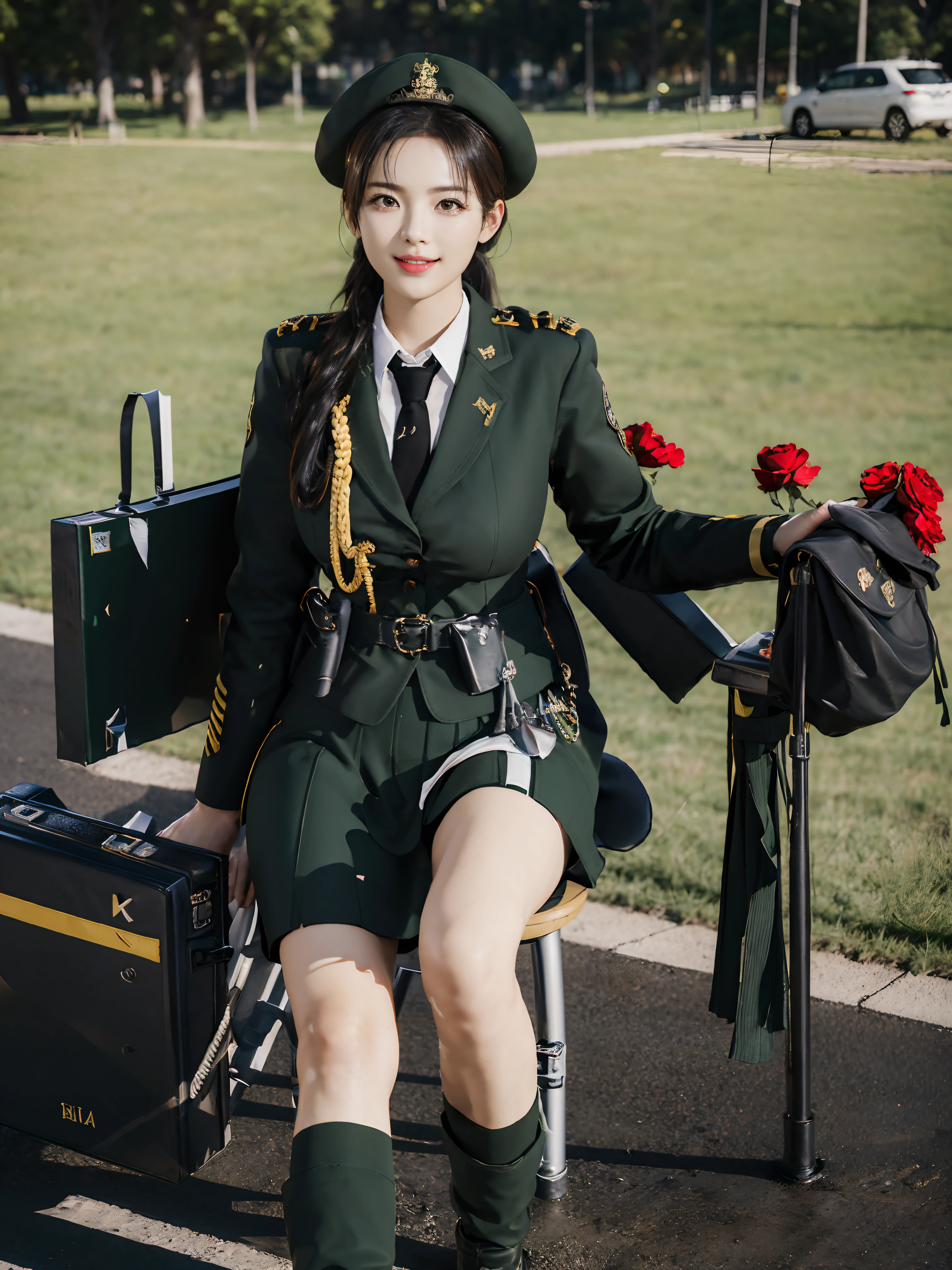 Usually detailed CG Unity 8K wallpaper，（tmasterpiece），（best qualtiy），（ultra - detailed），（Ultra photo realsisim），（best character detail：1.36），Nikon D750 f / 1.4 55mm，profesional lighting， physically-based renderingt, 1girll, Female soldier，army suit，Dark green military uniform，Fabric texture military uniform，Pure white lining，Dark green tie，bucket-hat，Army green skirt，Bare legged，Plump thighs，whitestocking，Black leather shoes，Black hair，the golden ratio,[:(com rosto detalhado:1.2):0.2]:，PureErosFace_V1, broad shoulder,(Bigchest:1.5),(big assa:1.5),Sit on grass，red flags，In the square，Splendid scenery，bright sun，RAW photogr，photore， Flag of China，Night Street，lighting，Contre-Jour，Bright smile，White teeth，