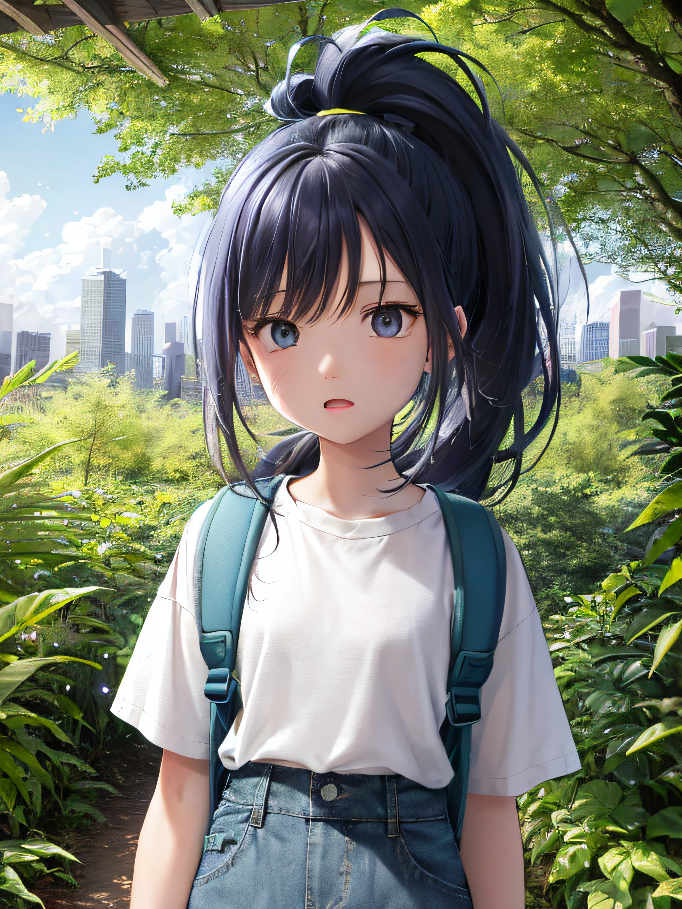Vast sky, Beautiful skyline, In a dense forest, extremely tense and dramatic pictures, moving visual effects, the high-hanging Polaris, colorful natural light. Long-sleeved tops, Denim shorts, Girl with a backpack. ponytail hair, Walking figures. These illustrations feature highly detailed facial features and cartoon-style visuals in high definition with 4K resolution.