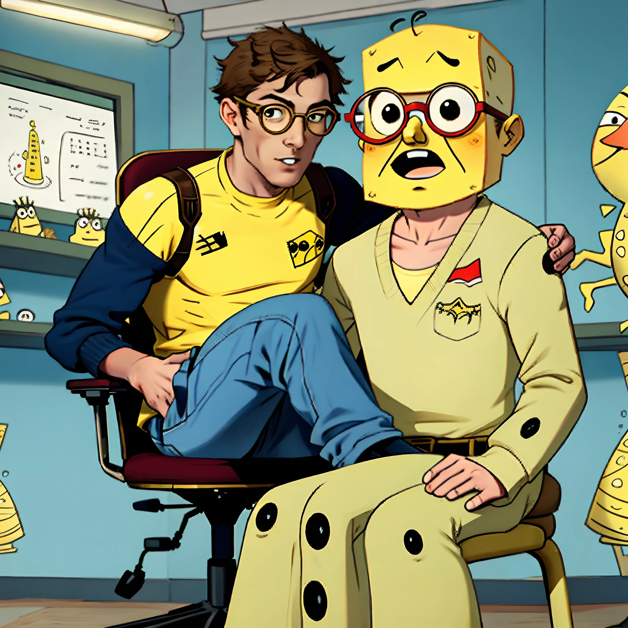 Wearing red and yellow striped clothes,sit on chair,SpongeBob looks lewd,With tan glasses,