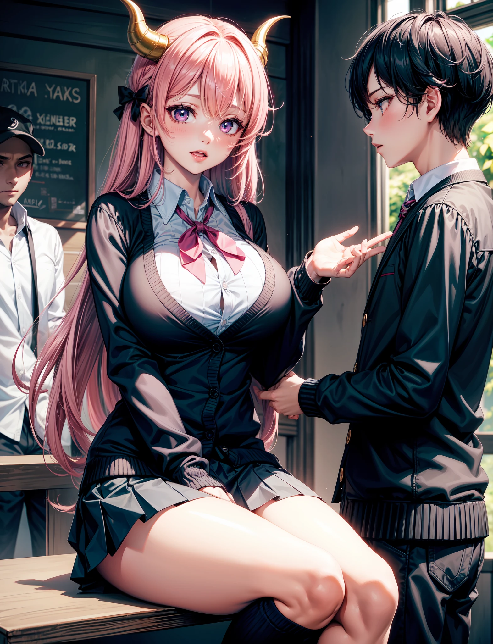 4k,  ,Lens flare, pink hair ,mascara, eyeliner, god rays, 4k, 8k, best quality, masterpiece, hyper detailed, intricate detail, 1boy, 1 girl,  detailed, Detailed fuchsia hair ++, detailed pink eyes ++,  raytracing, perfect shadow, highres, enhanced eyes,  huge breasts, horns, seductive,  hyper detailed, Dressed in a pleated skirt, a button-up blouse, and knee-high socks, your anime girl exudes a scholarly yet fashionable aura. A cardigan and loafers add a touch of sophistication. Your anime girl adds large ribbon bows at the base of each twin tail. This style is both adorable and attention-grabbing, highlighting her playful nature. She is tutoring another school boy, 1 boy, dressed in school attire, he is being tutored