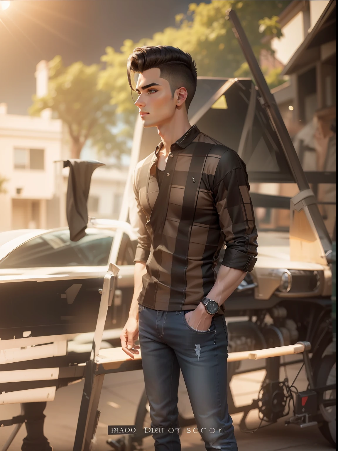 Realistic handsome boy stylish wearing black T-shirt and jeans sun rays realistic ultra with stylish hair style cut