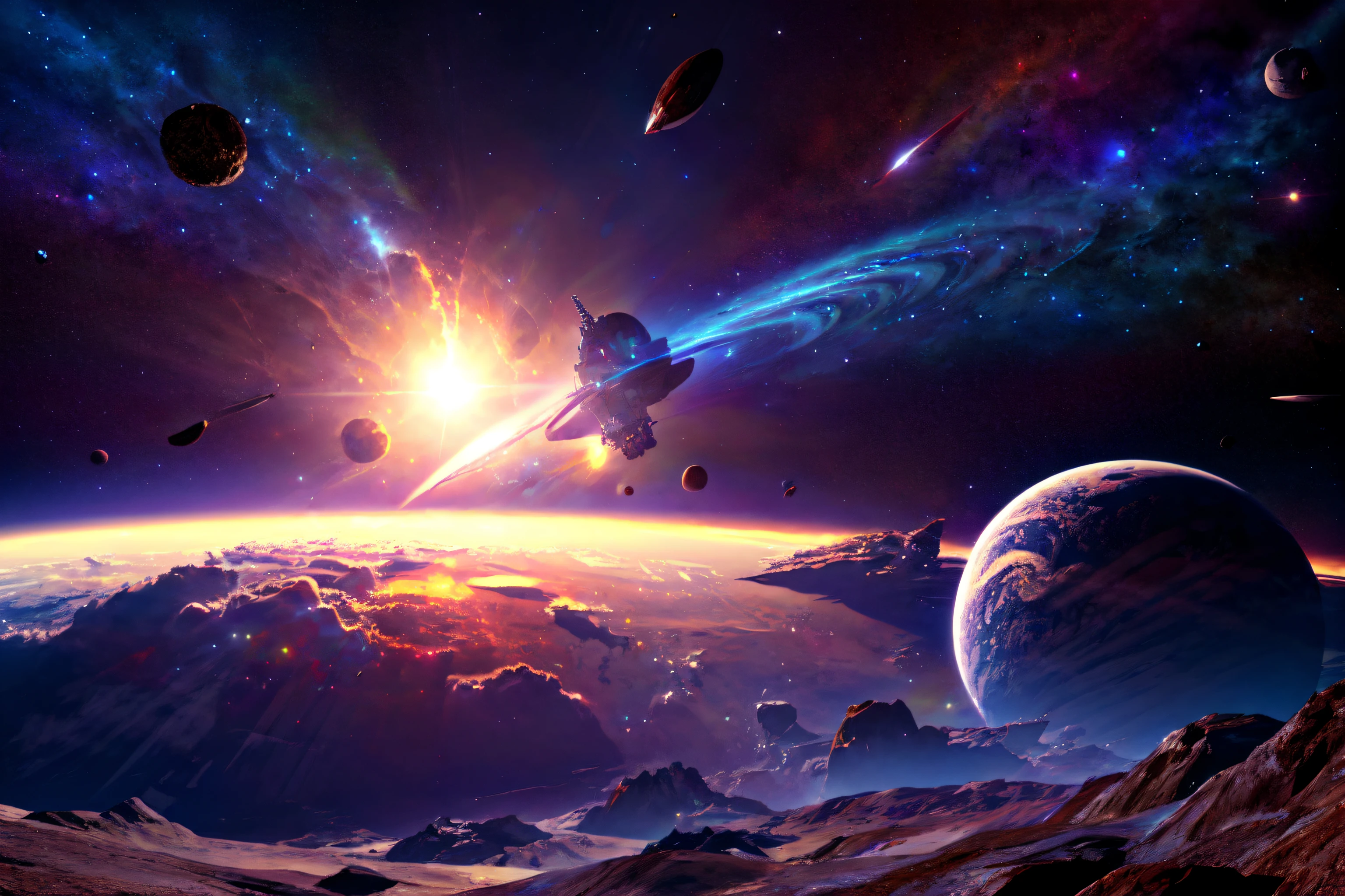 A space station located in space amidst the vast expanse of stars, planets, and galaxies would be a remarkable feat of engineering.(((masterpiece))), ((best quality)), realistic, 8k, ultra-detailed, realistic, scenery, ConceptArt, Highly detailed RAW color Photo, side Angle, (lens flare:0.7), particle effects, raytracing, cinematic lighting, shallow depth of field, photographed on a Sony Alpha 1, 50mm wide angle lens, sharp focus, cinematic film still, dynamic pose.,