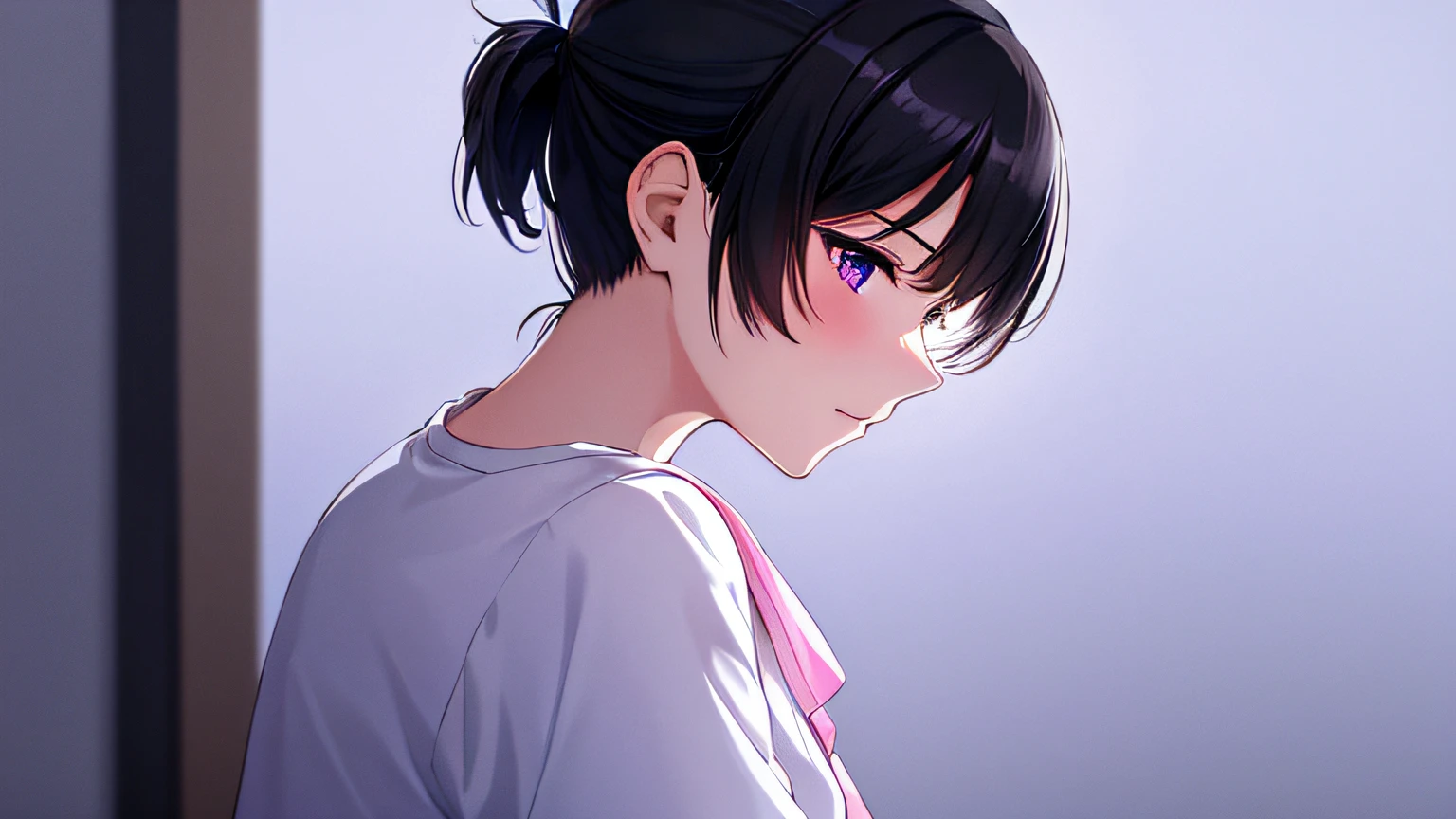 masterpiece, high quality, 8k, beautiful lighting, doga kobo, anime scene, profile, 1girl, hashimoto_mai, black hair, very short ponytail hair, small to medium breast, purple eyes, white soft clothes with pink lines, looking at viewer, eye contact, innocent face, outlet