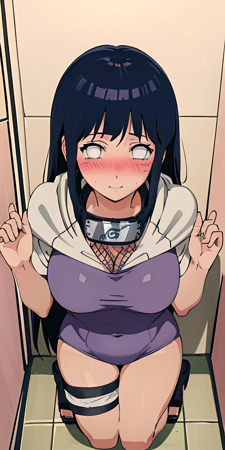 (Best quality:1.3), Hinata, Long hair, Large round breasts, One-piece swimsuit, Kneeling, Toilets, (from above view, angle of view), (Blushing:1.4), Smiling