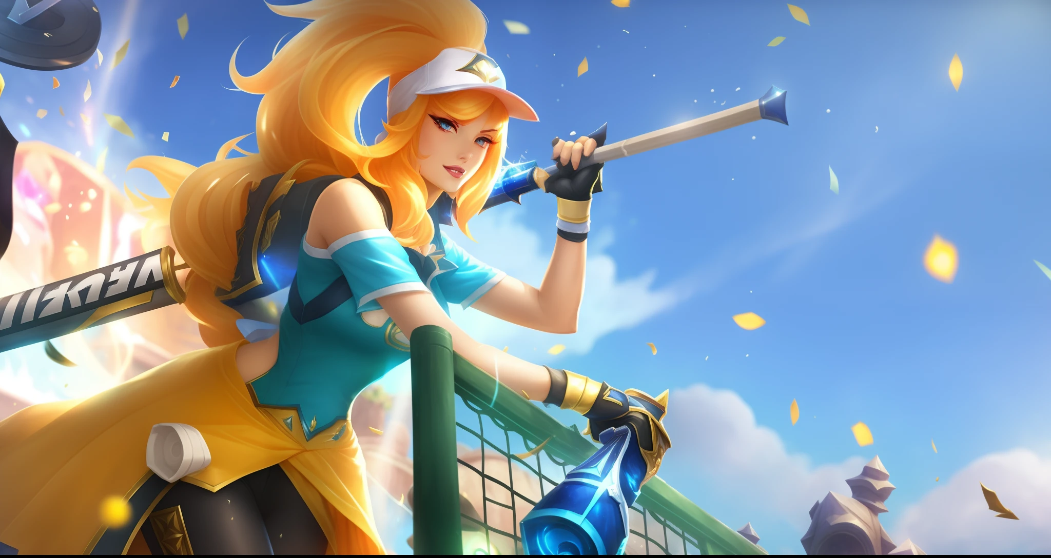 A woman in a blue dress holding a baseball bat on a tennis court, Splash Art Oficial, Senna de League of Legends, Arte Splash, Luxo de League of Legends, Splashart de League of Legends, de League of Legends, Arte Splashe Anime Loli, Fenda Selvagem, vivia, Estilo League of Legends, League of Legends arte splash, Miss Fortune League of Legends