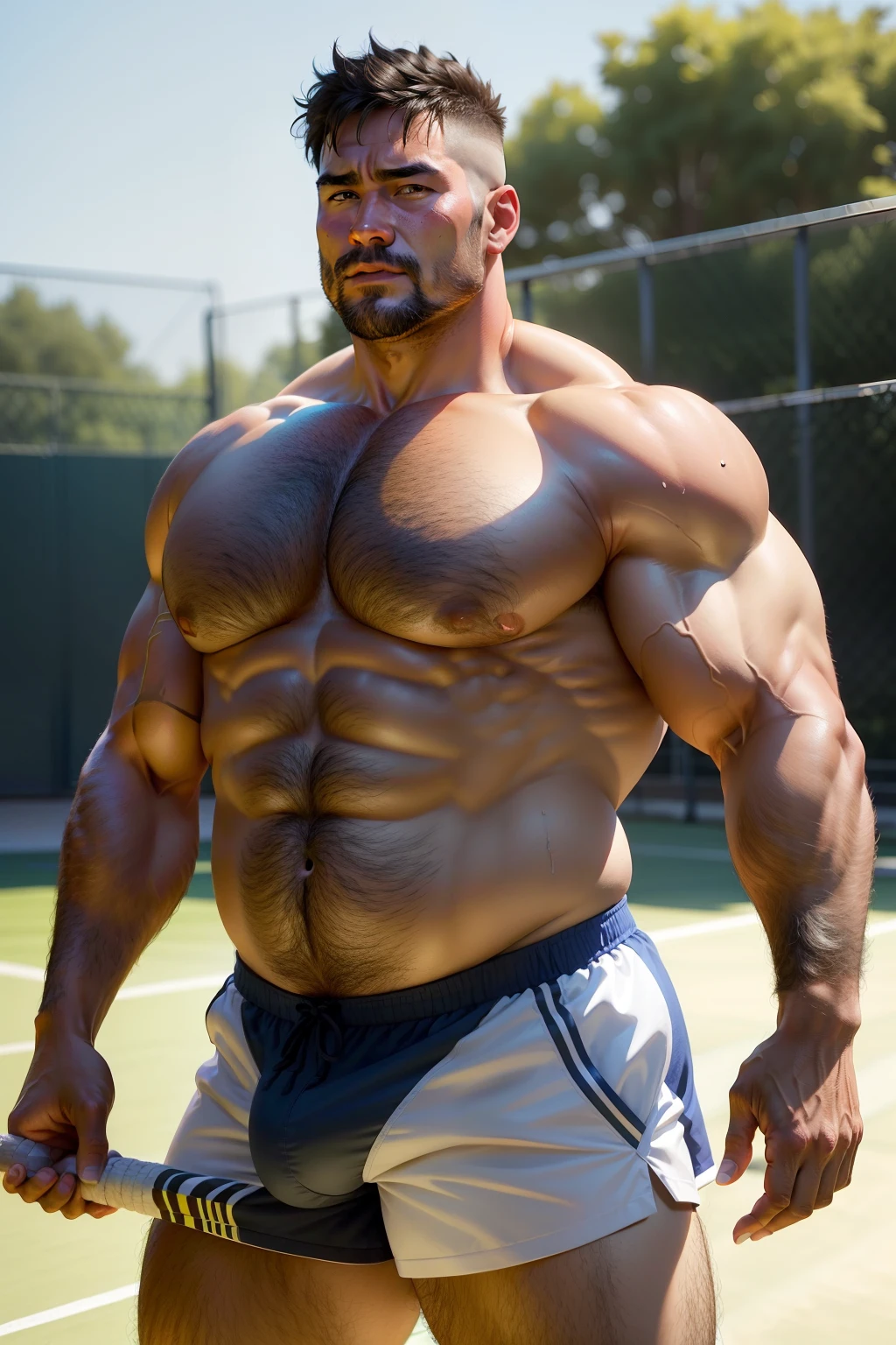 Several slightly chubby middle-aged men playing tennis on the tennis court，detailed back ground，plumw，musculature, Muscular body,Asia face，attractive beefy man,50-year-old man ，sport, big muscular man, partially male hairy torso, Wet pubic hair，perspire，Drenched， musculous, Muscular body, hairy chest and hairy body,loincloth