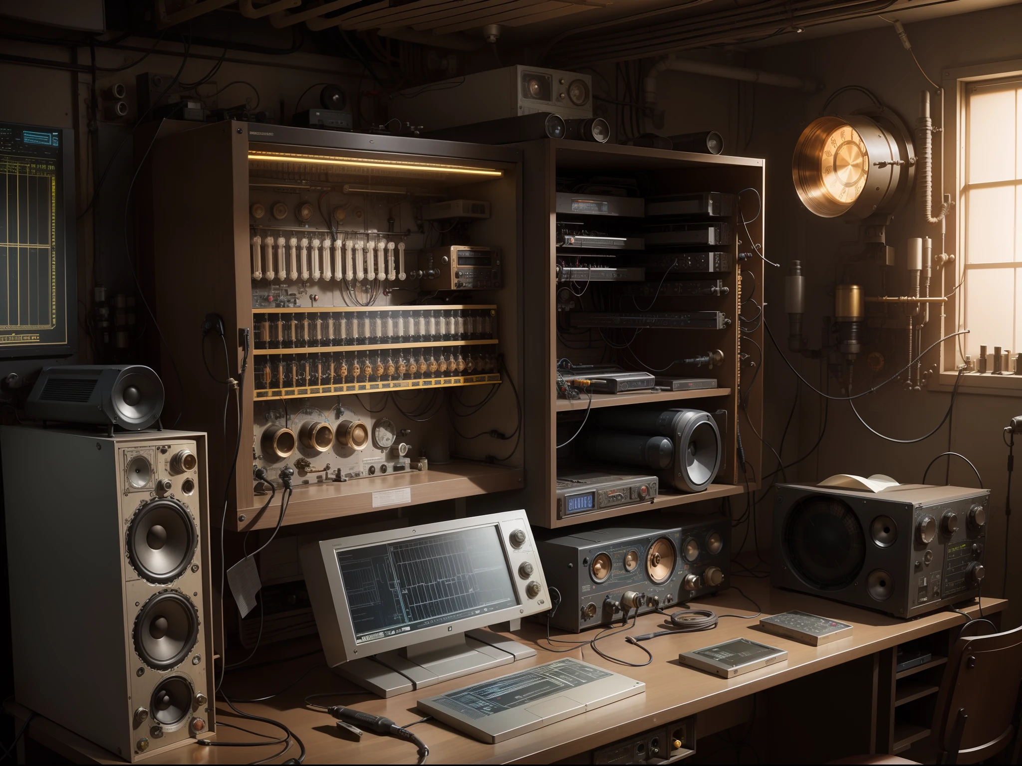 osciloscope pannel, graphics, eletronic, laboratory, eletronic instruments, multimeter, computers, microscope, speakers, steampunk