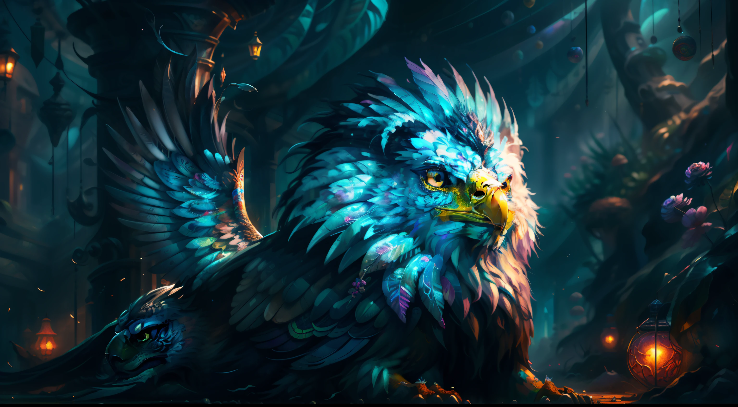 Best quality, masterpiece, super high resolution, no human, an adult griffon in a futuristic cyberpunk garden, enchanting, high detail, (eagle face), (lion body), (large wings), looking at camera, masterpiece (realistic texture: 1.2), (realistic details: 1.2), (realistic details: 1.2), ([front | side]:1.1), HDR, ultra-refined 3D modeling, as magical as the style paintings painted by Tim Burton, Dale Chihuly, Xiaolongcheng, Cyril Rolando and other authors such as Jr. Gigue. Shadows and lighting intertwine to create brilliant effects.