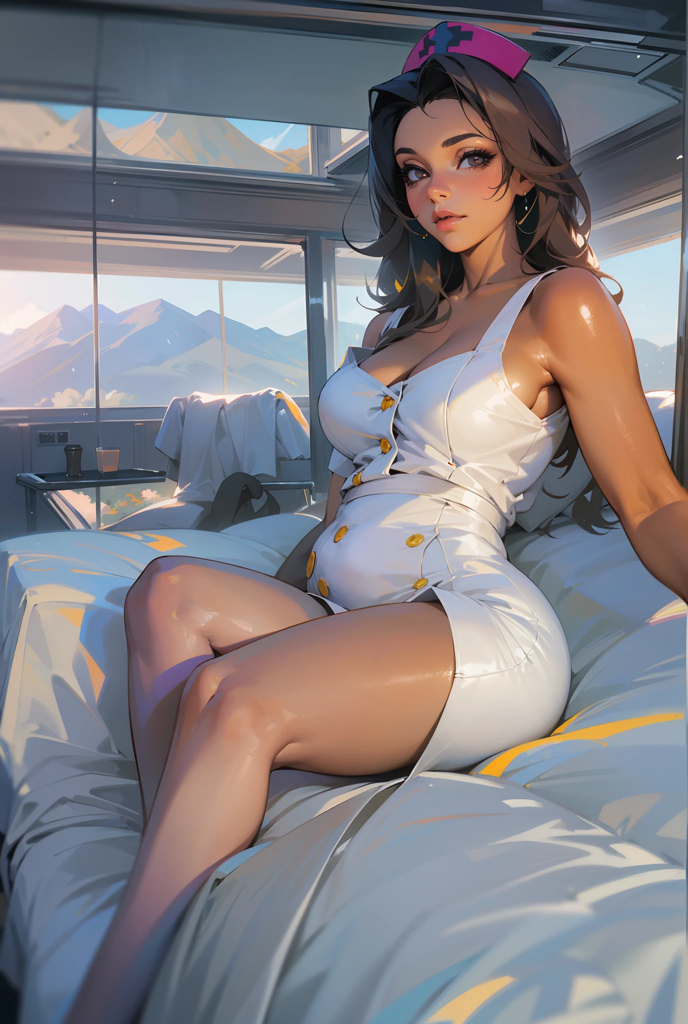 There's a sexy 30-year-old woman (Peta Jensen pov), cabelos longos cinza (ouvir Cinza), nurse enfermeira, roupa branca justa, Blusa desabotoada, without the buttons, no-bra, does not wear a bra, belos seios enormes (Kyra QUENTE), Mamalhuda, molhados e macios, hands resting on the leg, close de cima, visto de cima, View from above, olhar de cima, olhar penetrante e sensual, nariz esnobado, pele clara, sardas, fogosa e lasciva querendo prazer, quadril largo, vestido bem curto justo, quadril largo, sentada em uma cama em um quarto de hospital, quarto rico em detalhes, cinematic natural light, great contrast, Sombras, filtro, profundidade, anatomia feminina perfeita, 4k