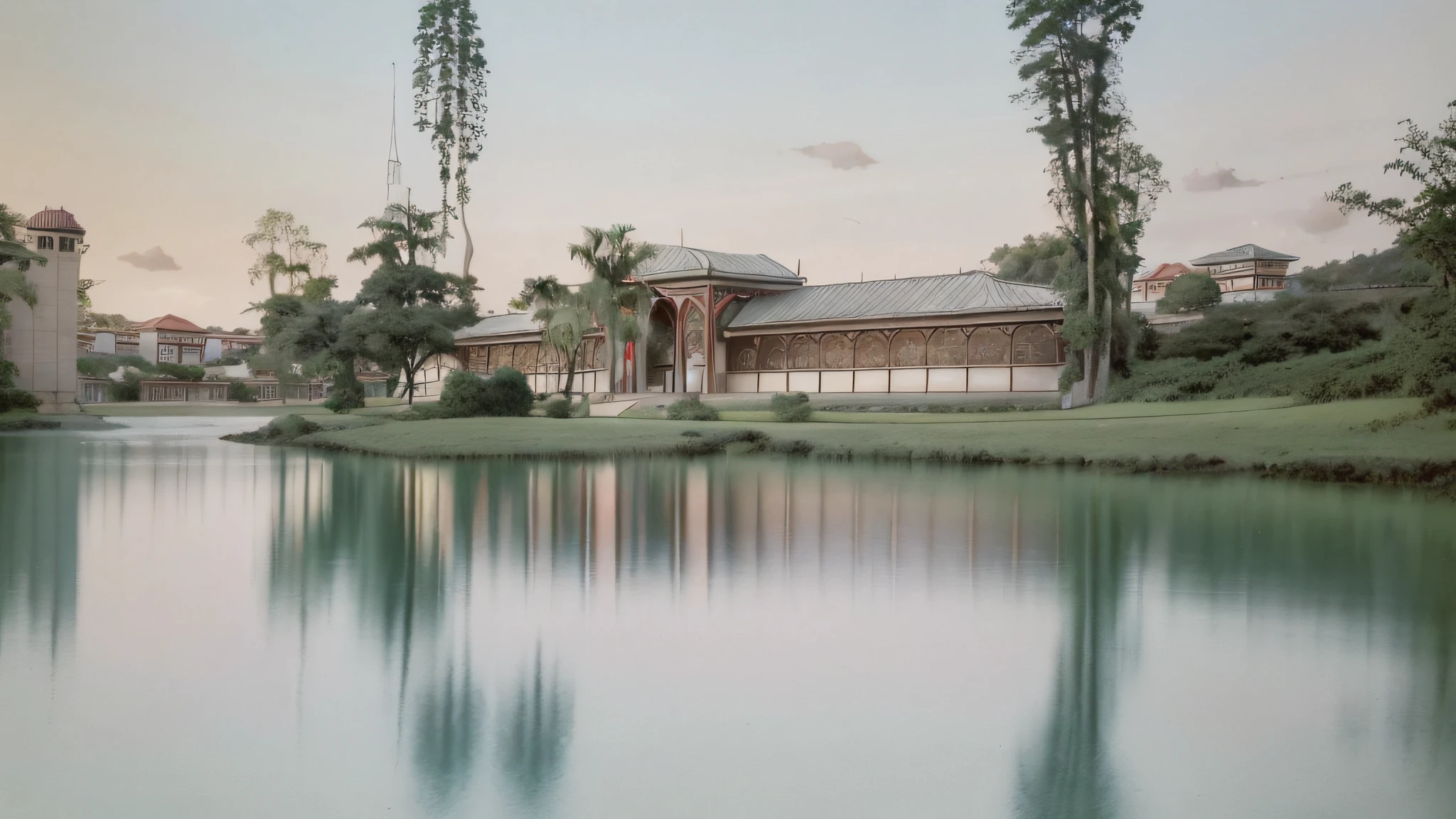 There is a large building with a red roof and a lake, royal palace near the lake, academia, imagem central, vista do lago, college, Beautiful image, vista para o lago, historical setting, adreas rocha, estudante, Escola Florentina, botanic garden, Camilo GC, UNIVERSIDADE, Lagoa, museu, Lakeside, Riverside, Oscar Niemeyerobra-prima, melhor qualidade, alta qualidade, papel de parede 8k extremamente detalhado da unidade CG, uma cena encantadora e sonhadora de uma floresta de fantasia, with tall trees, cogumelos brilhantes e vales de fadas ocultos, creating a sense of mystique and enchantment, Artistic Station, digital illustation, intrincado, trend, pastels colors, oil-painting, fotografia premiada, Bokeh, profundidade de campo, HDR, flor, chromatic aberration, fotorrealista, extremamente detalhado, trending on ArtStation, trend at CGSociety, intrincado, alto detalhe, dramatic, arte no meio da jornada