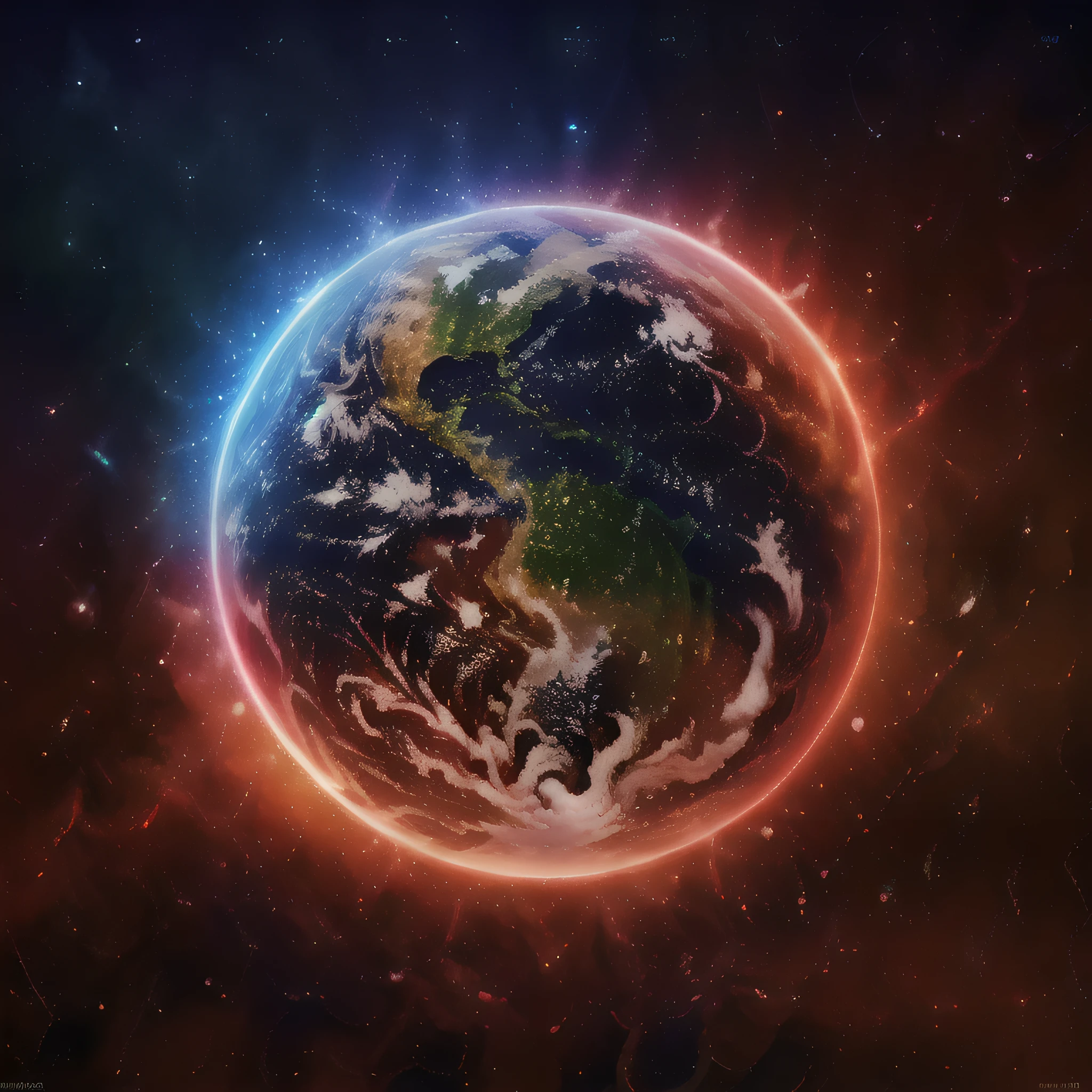 planet, earth, red blue starry sky, glare of light, sharp colors, extremely detailed 8k wallpaper