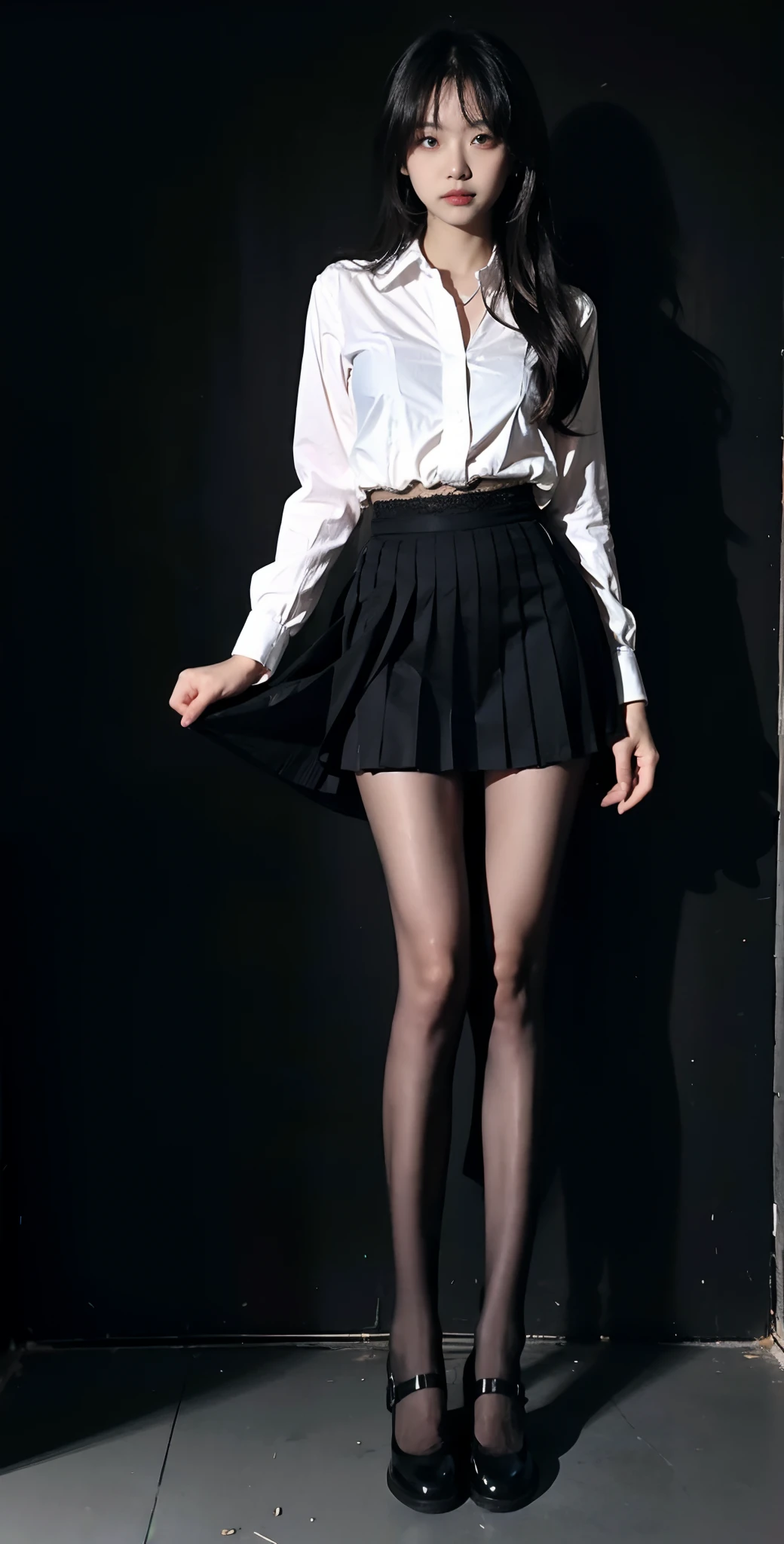 with black background，A girl wears black stockings and a gray pleated skirt，White shirt，Black lace lingerie looms，Rounded chest
