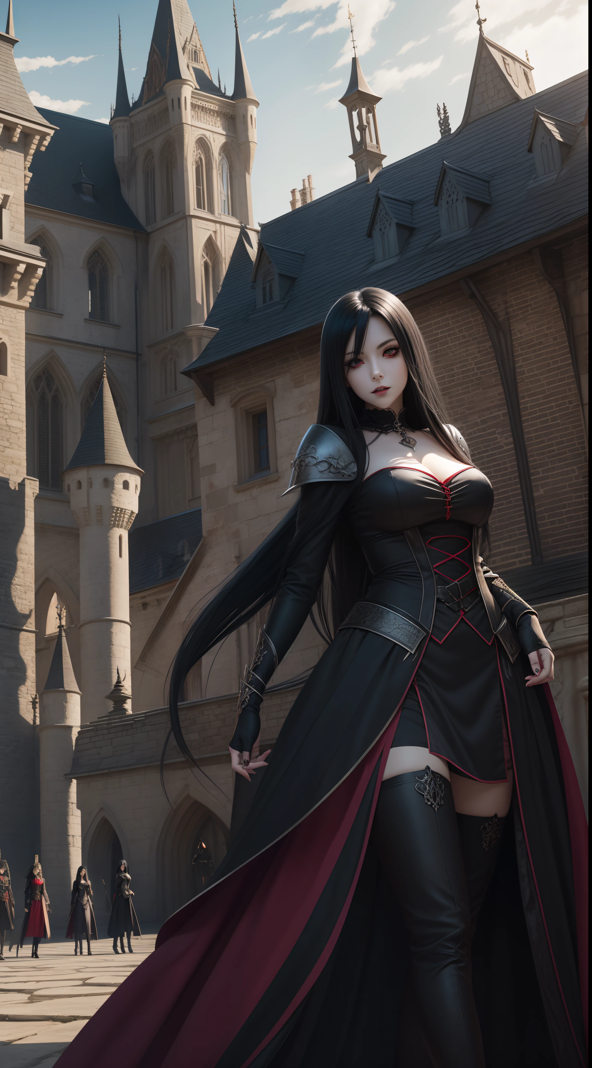 Beautiful ephemeral adult woman with long black hair and red eyes standing in front of castle, Bewitching white armor, Standard Body, Gothic Otome Anime Woman, beautiful vampire queen, dark fantasy style art, beautiful vampire female queen, 8 K, Vampire Queen, female vampire, female vampire warrior, beautiful alluring anime woman, dark fantasy style, anime fantasy artwork