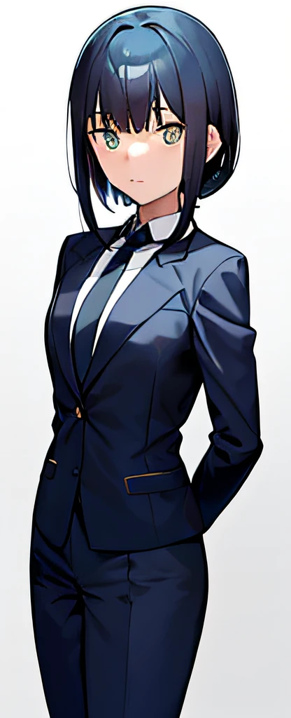 personagem de anime com cabelo azul e terno e gravata, Fubuki, menina no terno, em terno estrito, menina em um terno, wearing a strict business suit, em um terno estrito, mulher de cabelo azul curto, Uniforme JK, imagem do avatar, usando terno e gravata, Yayoi Kasuma, Makoto, Makoto Shinka, Arte Oficial, Sayori