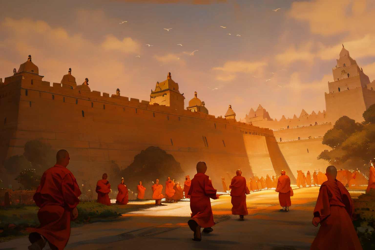 a painting of monks walking in front of a castle with a bird flying overhead in the sky above them