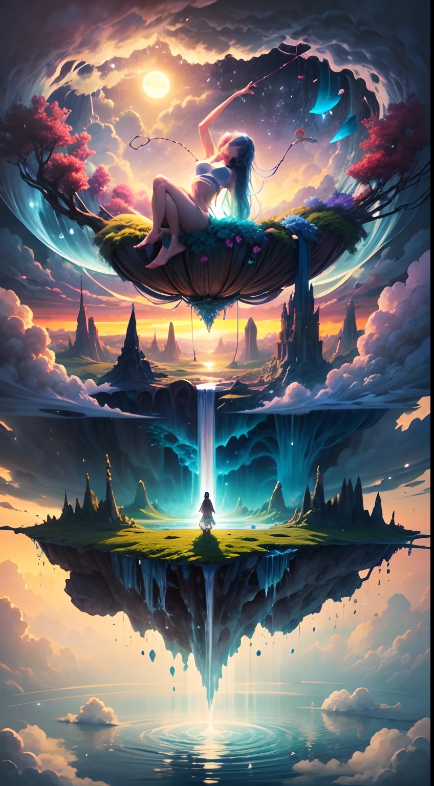 Envision a mesmerizing scene where a woman is suspended by her belly, delicately tied with ornate ropes, in a dreamlike realm of floating islands and colorful skies. The environment is filled with fluffy clouds, waterfalls cascading from the floating islands, and a vibrant, surreal atmosphere. The woman's expression exudes a sense of peace and serenity as she hangs weightlessly in the air. The atmosphere is filled with a sense of wonder and tranquility. This scene will be depicted in an anime-style illustration, with soft lines, pastel colors, and a whimsical touch. The artwork will capture the ethereal beauty and tranquility of the dreamlike realm, creating a sense of harmony and escape from the ordinary world.