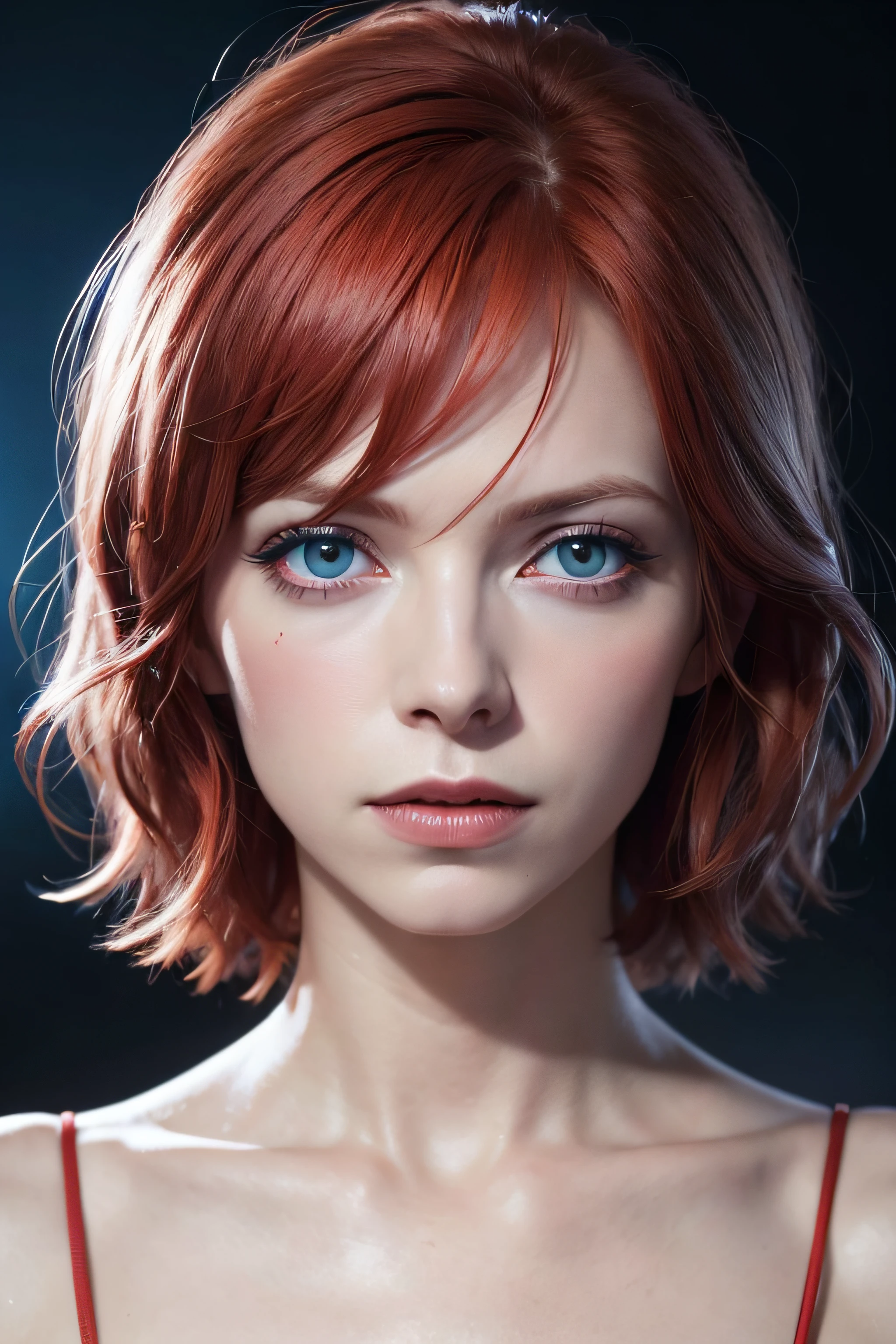 DAVID BOWIE star eye, blush, perfect illumination, red hair, BLUE eyes, unreal engine, sidelighting, detailed face, bangs, bright skin, simple background, dark background,