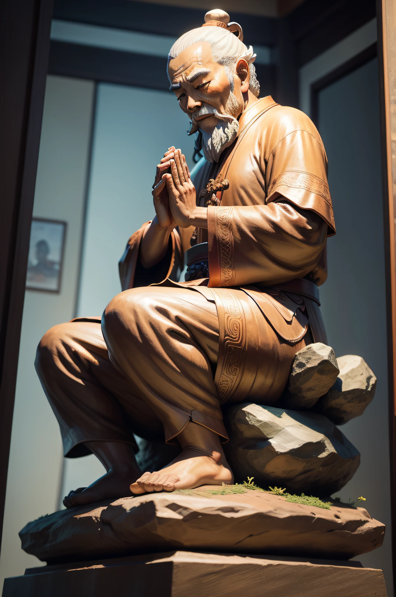 statue of a wise old man, chinese, 8k, meditating from the side