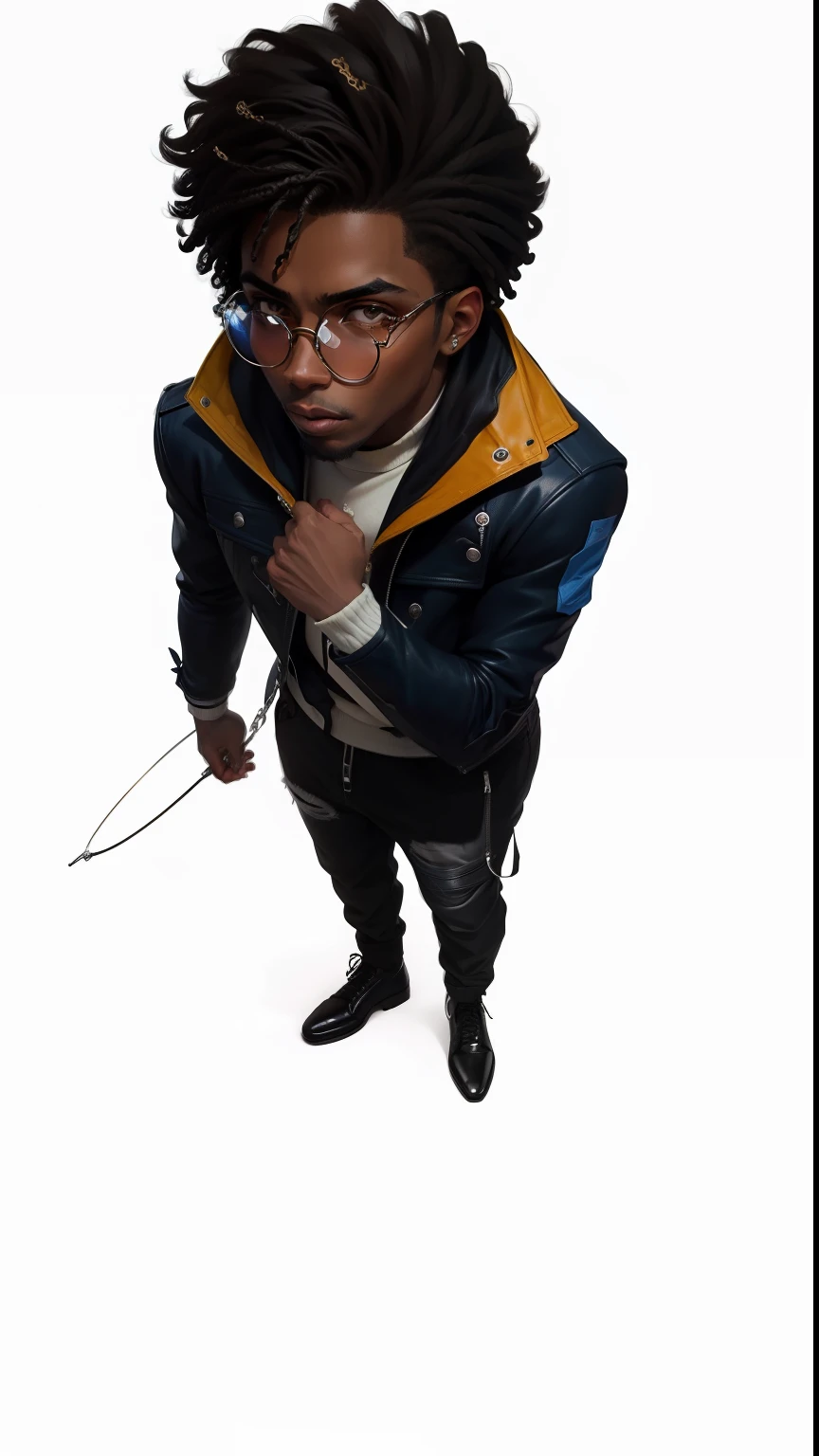 Personagem, jovem negro, Round Eyewear, jaqueta azul, dancer
