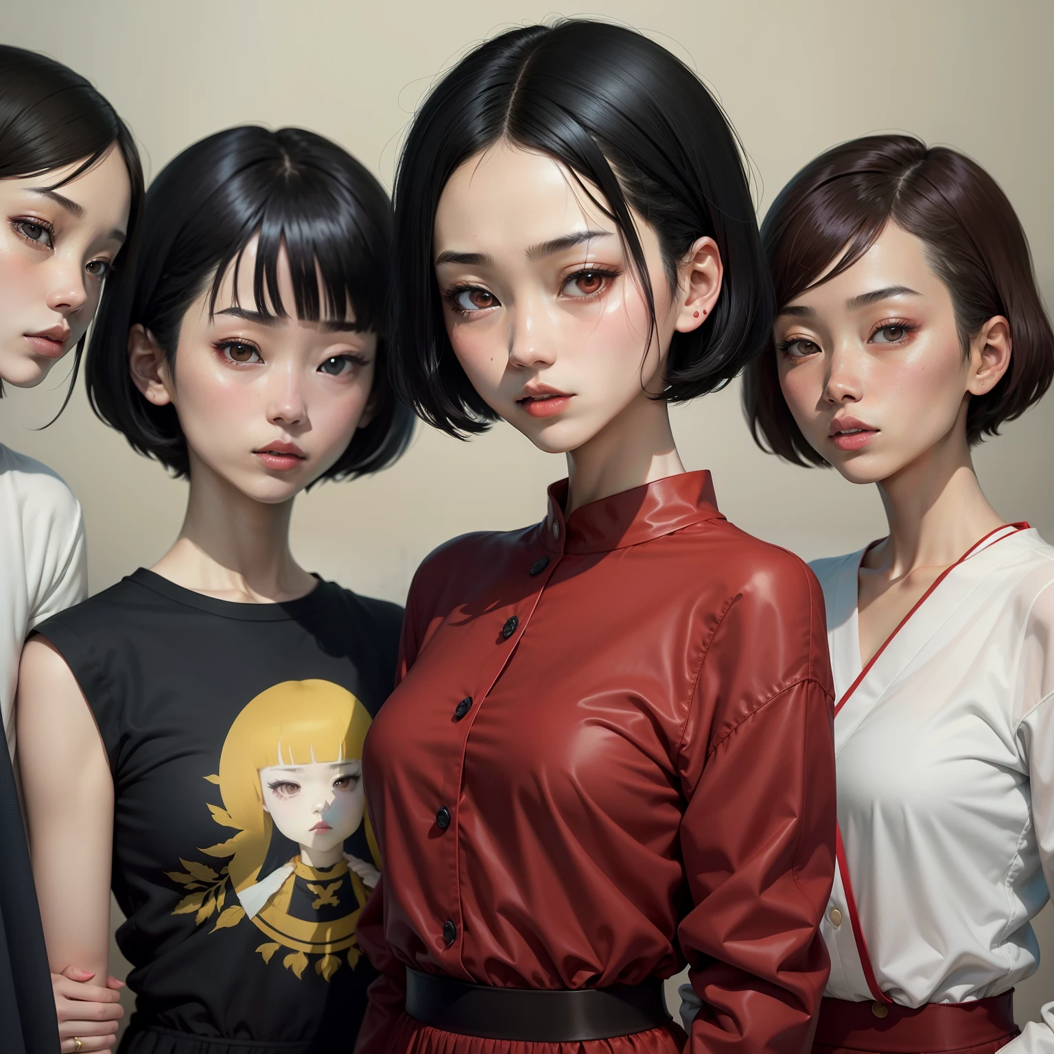 Woman in red shirt, kiko mizuhara, 奈良美智, sui ishida with black hair, Chiho Aoshima, With short hair, Sui Ishida, Aoi Ogata, kuvshinov ilya, hime-cut, The artist looks Yokoyama, japanes