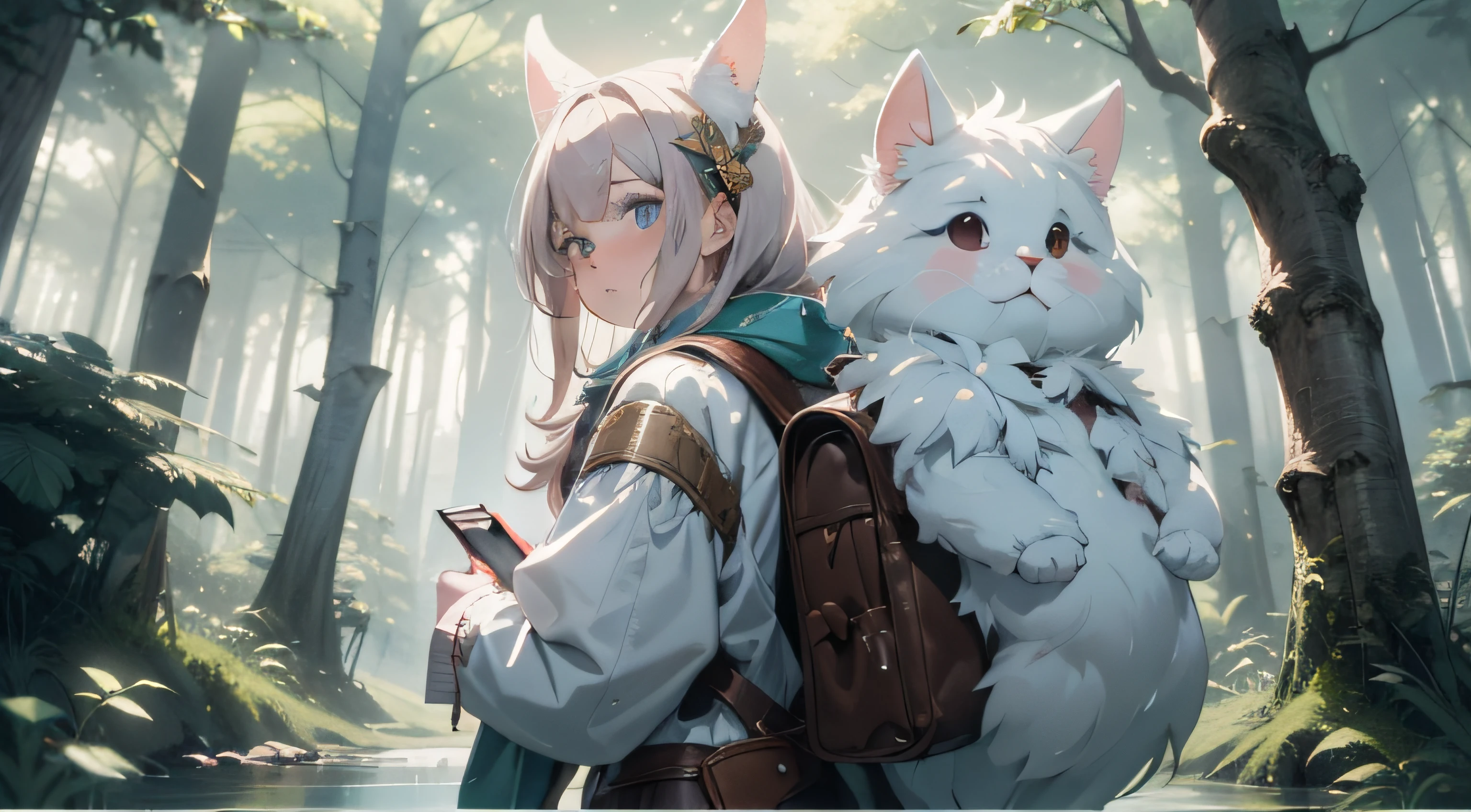 Classic negative portrait photo, fantasy video game character concept art, a cute white fluffy rabbit with a small brown leather backpack looking at a map hiking through the forest, dungeons and dragons, fantasy, river, haze, halo, Bloom, dramatic atmosphere, dark fantasy film of the 1970s, centered, rule of thirds