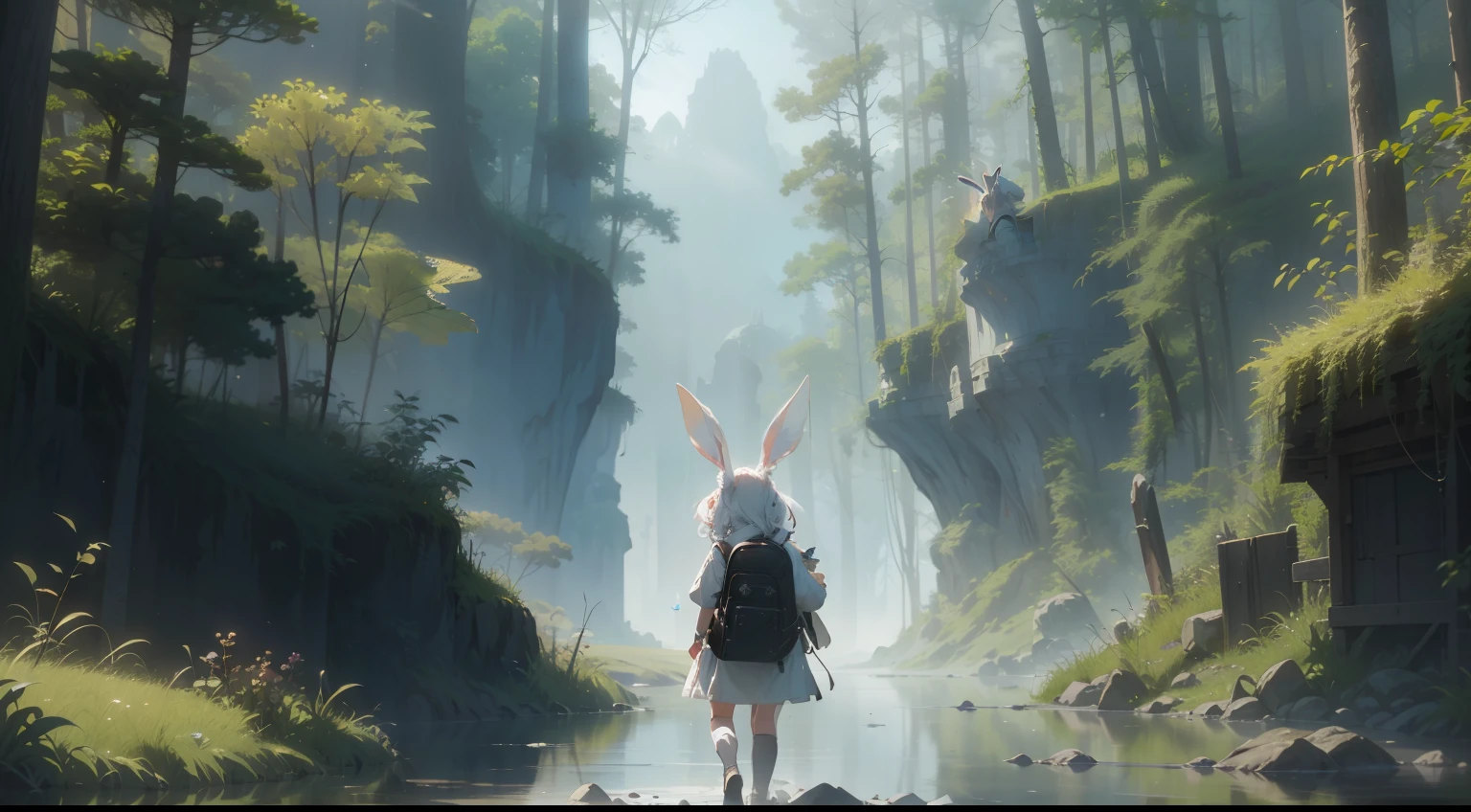 Classic negative portrait photo, fantasy video game character concept art, a cute white fluffy rabbit with a small brown leather backpack looking at a map hiking through the forest, dungeons and dragons, fantasy, river, haze, halo, Bloom, dramatic atmosphere, dark fantasy film of the 1970s, centered, rule of thirds