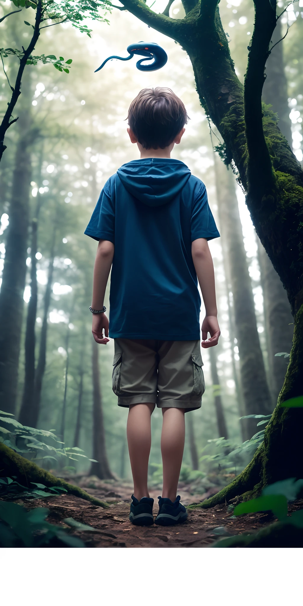 a 10 year old boy (1boy) in a mystical forest looking at the mystical snake on the tree, photorealistic,realistic:1.2), 1girl,phisically-based render, long shot, low angle photography from behind, visual depth, breathtaking perspectives,(Highest quality:1.3), cinematic shot, masterpiece, (sharp focus:1.5), (photorealistic:1.3), ((an extremely delicate and beautiful))