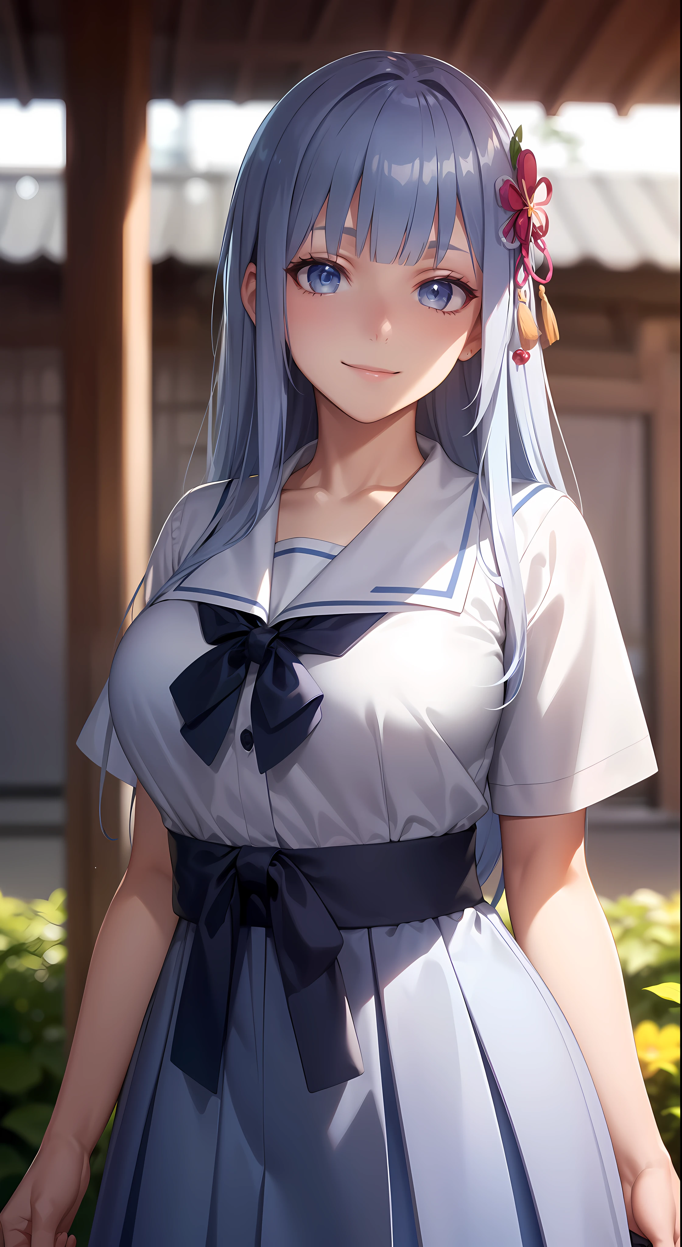 hair ornament, very long hair, japanese clothes, professional artwork, Intricate Details, field of view, sharp focus, detailed painting, photorealistic lighting, trending on pixiv, Standing at attention, ((school girl, summer school outfit)), ((large breasts:1,3)), Beautiful body,Beautiful Nose,Beautiful character design, perfect eyes, perfect face, looking at viewer, SFW,official art,extremely detailed CG unity 8k wallpaper, perfect lighting,Colorful, Bright_Front_face_Lighting, (masterpiece:1.0),(best_quality:1.0), ultra high res,4K,ultra-detailed, photography, 8K, HDR, highres, absurdres:1.2, Kodak portra 400, film grain, blurry background, bokeh:1.2, lens flare, (vibrant_color:1.2), shikkoku_yorihime, (happy smile, cheers), ((looking at viewer, front body pose))