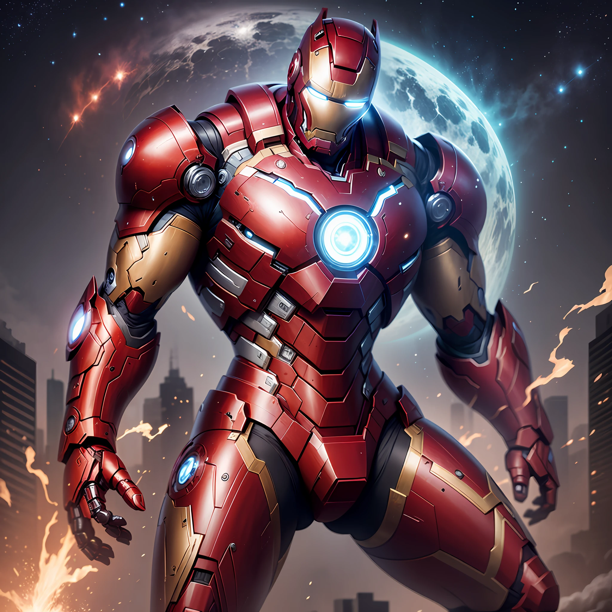 a magic with full beard iron man with a black and grey armor magic building something in galaxy energy trough his body photorealistic --auto --s2