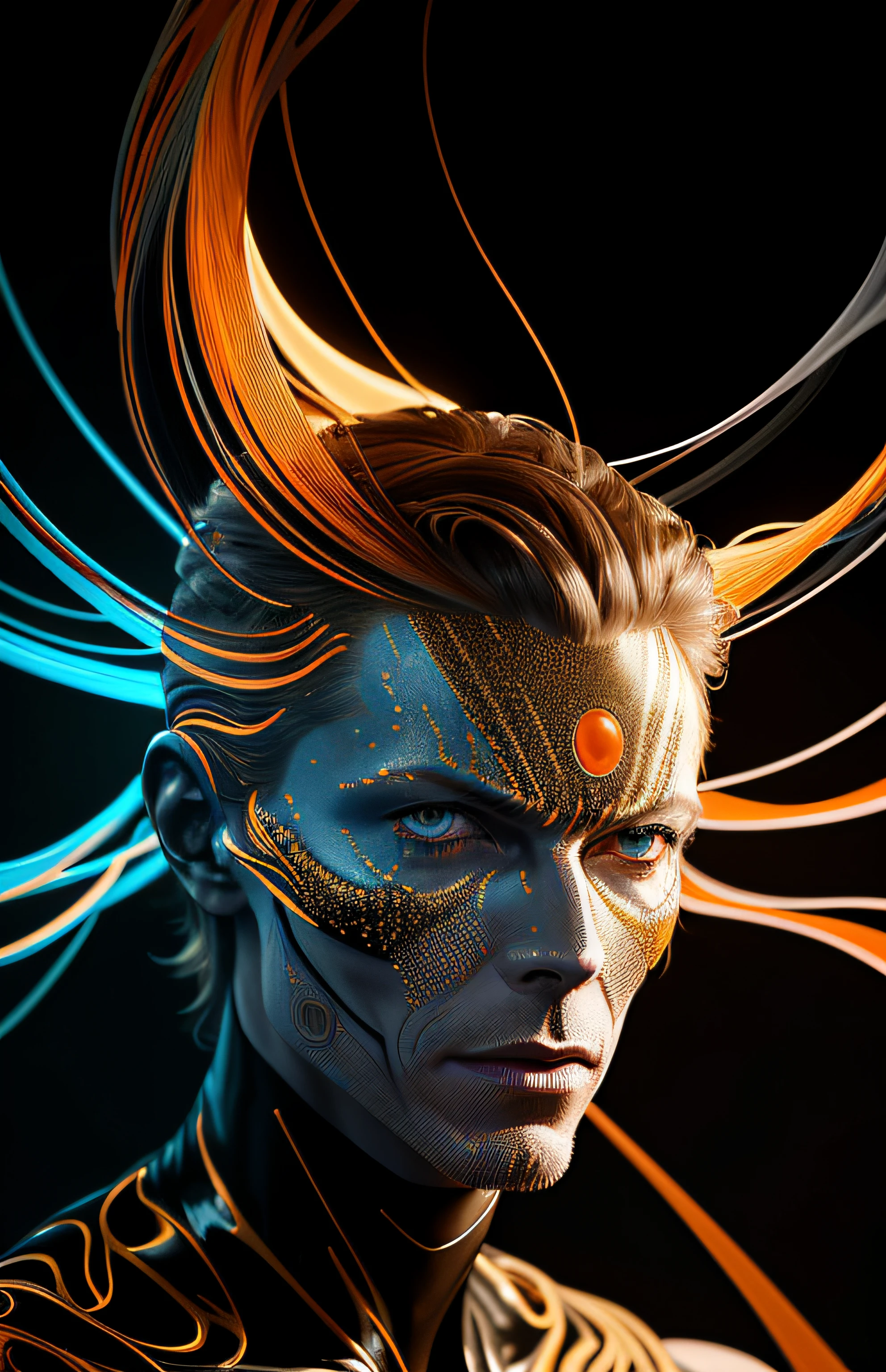DAVID BOWIE, shoulder length messy hair, ORANGE BLUE an gold pvc catsuit, happy, Full body,, hyperdetailed painting, luminism, 4k resolution, fractal isometrics details bioluminescence , 3d render, octane render, intricately detailed , cinematic, trending on artstation Isometric Centered hyperrealistic cover photo awesome full color, , gritty, realistic mucha , intricate, hit definition , cinematic,Rough sketch, bold lines, on paper, Low Angle Shot Pewter lighting, 50mm f/1.4 Hyperrealism --aspect 5:4 --s 750 --v 5.2