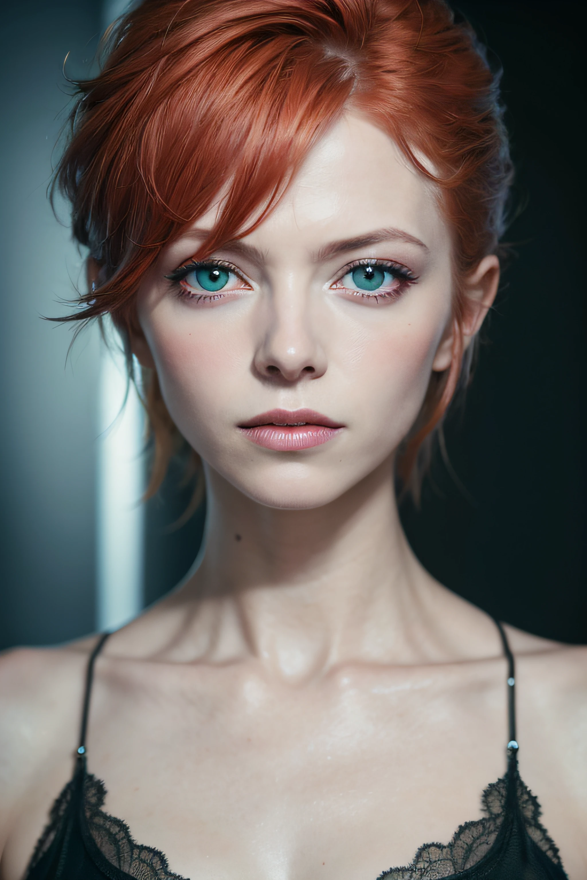 DAVID BOWIE--- GREEN eye, blush, perfect illumination, red hair, BLUE eyes, unreal engine, sidelighting, detailed face, bangs, bright skin, simple background, dark background,