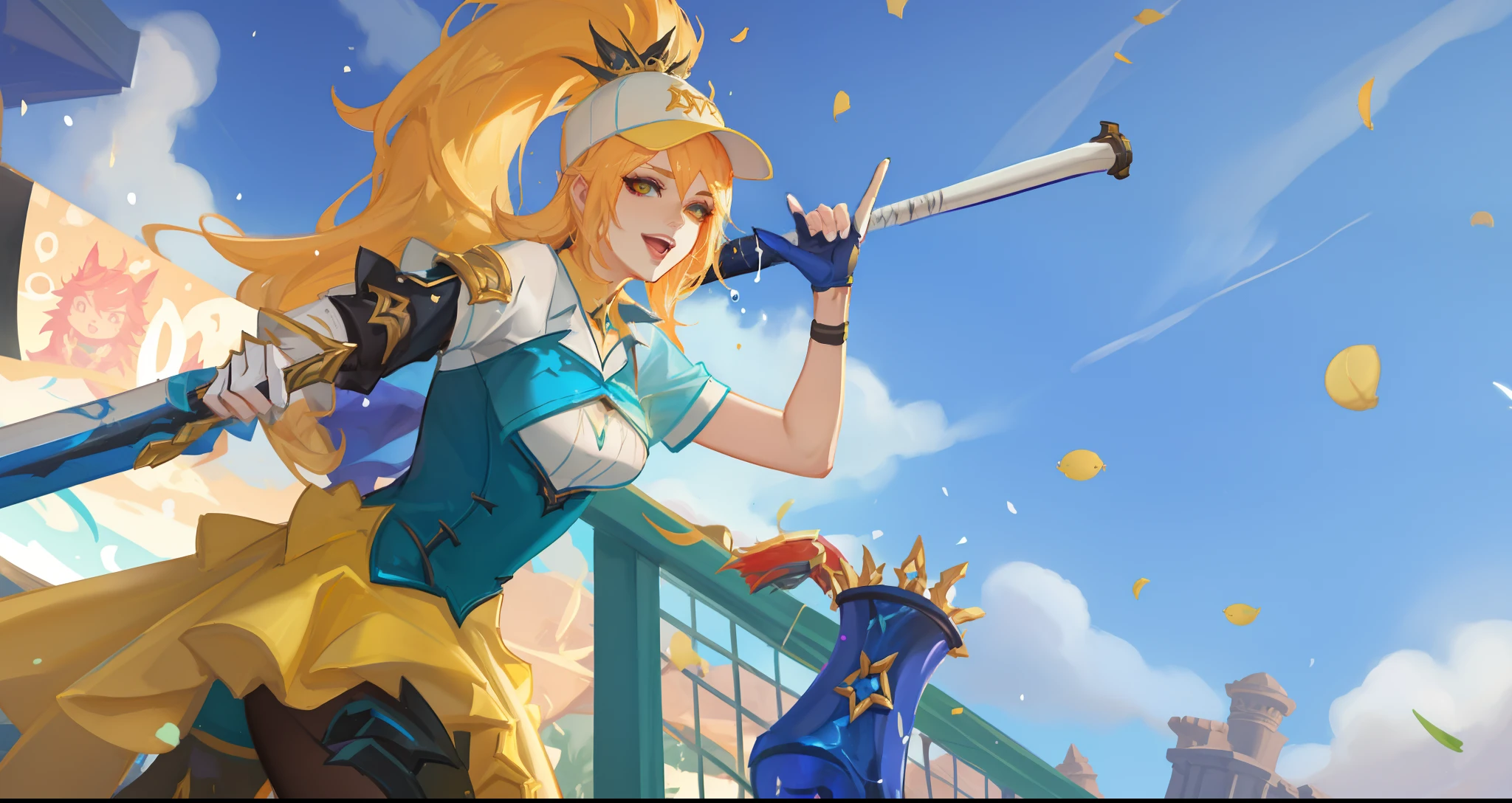 A woman in a blue dress holding a baseball bat on a tennis court, Splash Art Oficial, Senna de League of Legends, Arte Splash, Luxo de League of Legends, Splashart de League of Legends, de League of Legends, Arte Splashe Anime Loli, Fenda Selvagem, vivia, Estilo League of Legends, League of Legends arte splash, Miss Fortune League of Legends, ultra detalhista, 4k, sorriso lindo
