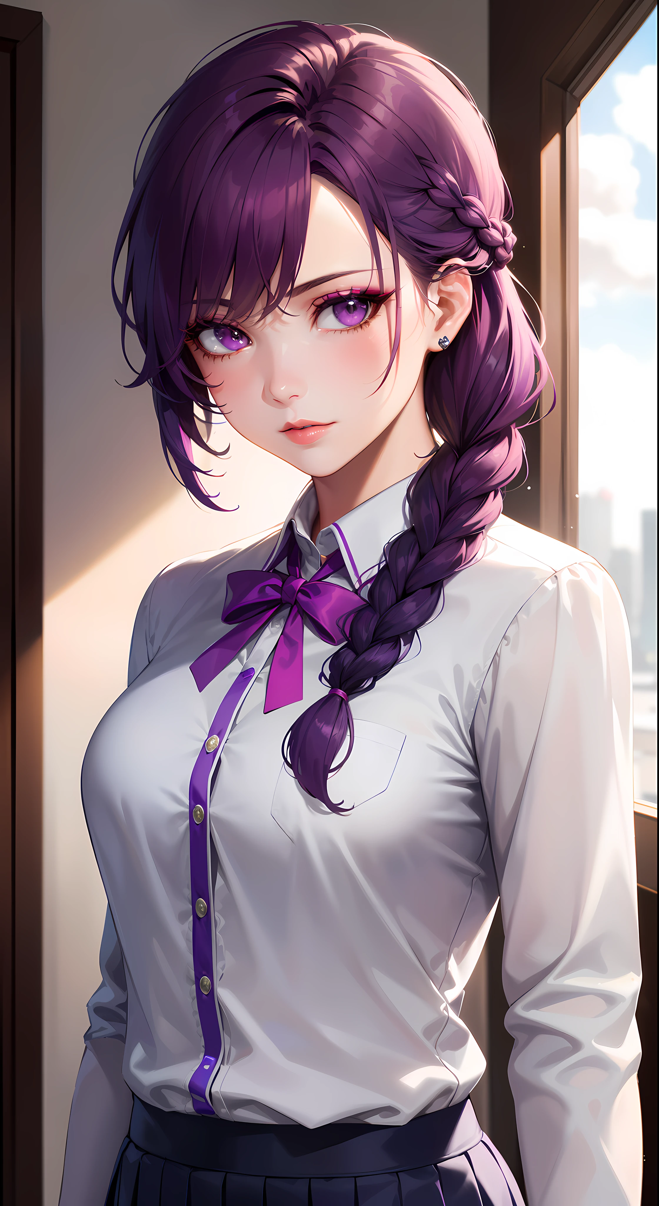 ((formal girl uniform)), upper body, seductive look, blush, indoors, in office, looking at viewer, cloudy, moody lighting, (perfect detail eyes:1.2), glowing eyes, (long hair one braid:1.2), (Masterpiece, Best Quality, High Quality:1.4), professional artwork, Intricate Details, field of view, sharp focus, detailed painting, photorealistic lighting, trending on pixiv, (vivid lighting, vibrant colors:1.05), realistic shadows, ambient occlusion, (athletic body:1.3), mature woman, 30yo, shenhe, hyperdetail eyes, beautiful eyes, (((solo:1.4))), semi-realistic hair, hyperdetailed clothes, (((beautiful makeup:1.3, beautiful pink lipstick:1.3, beautiful pink eyeshadow:1.3, purple eyes:1.0, purple hair:1.0))), (solo:1.4)