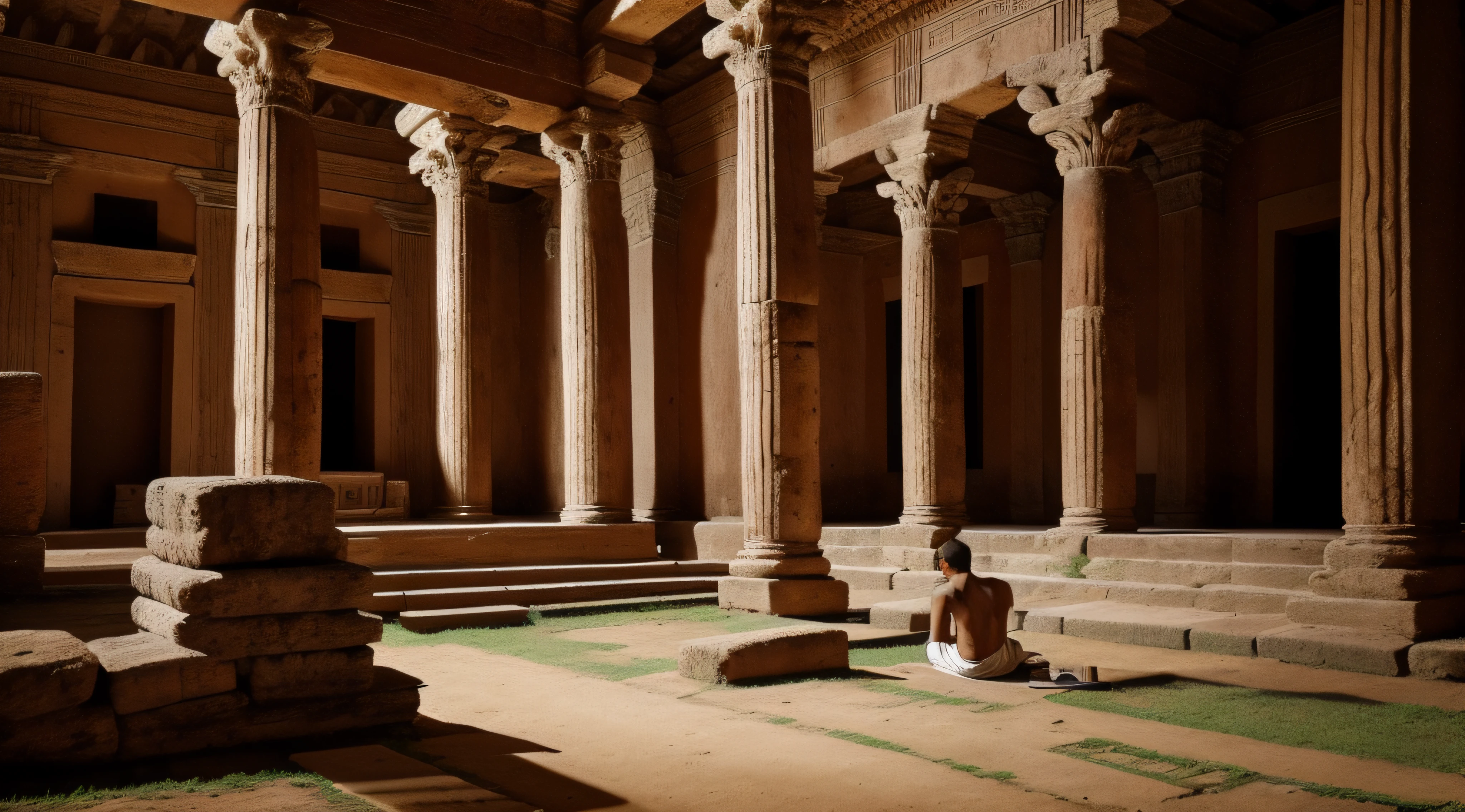 homem romano meditando em um templo romano, tempos antigos, detalhado, realista
