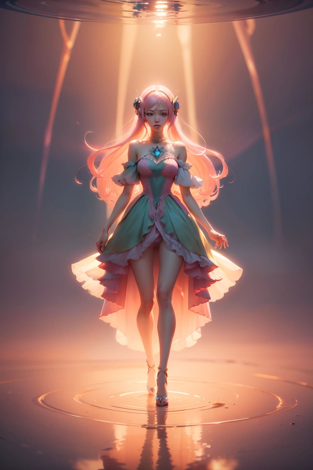 best quality, Beautyfull girl, full body shot, praying mantis characteristics, pink hair, flowy dress, Golden Hour, Lumen Reflections, artstation, full body, pink and blue palette