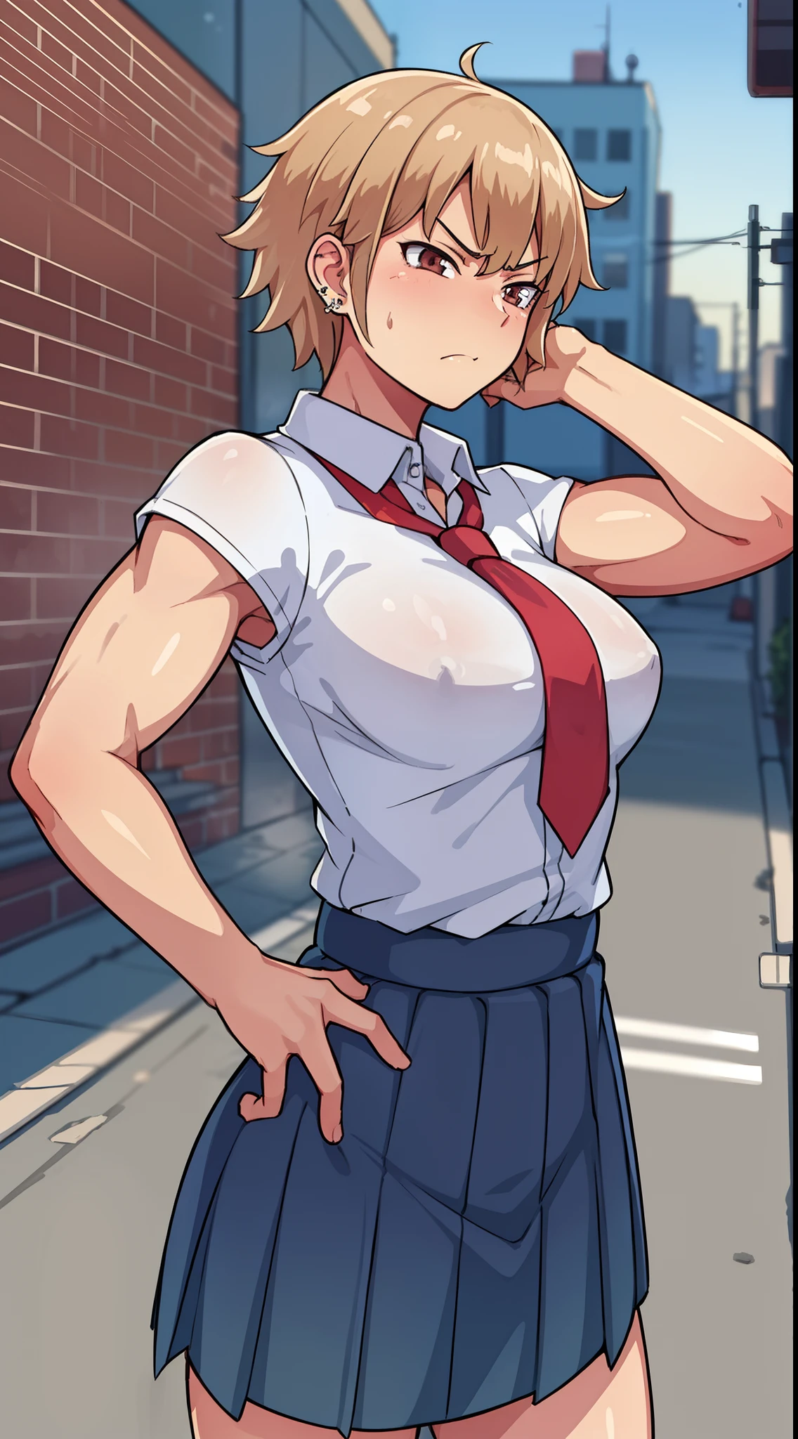 hiquality, tmasterpiece (One teenage girl) hooligan, The muscular body is massive with veins. Huge biceps with abs, indifferent face, blond short hair. Brown eyes, body piercings, ament, , Disheveled school uniform in white shirt. Against the backdrop of a night street in an alley