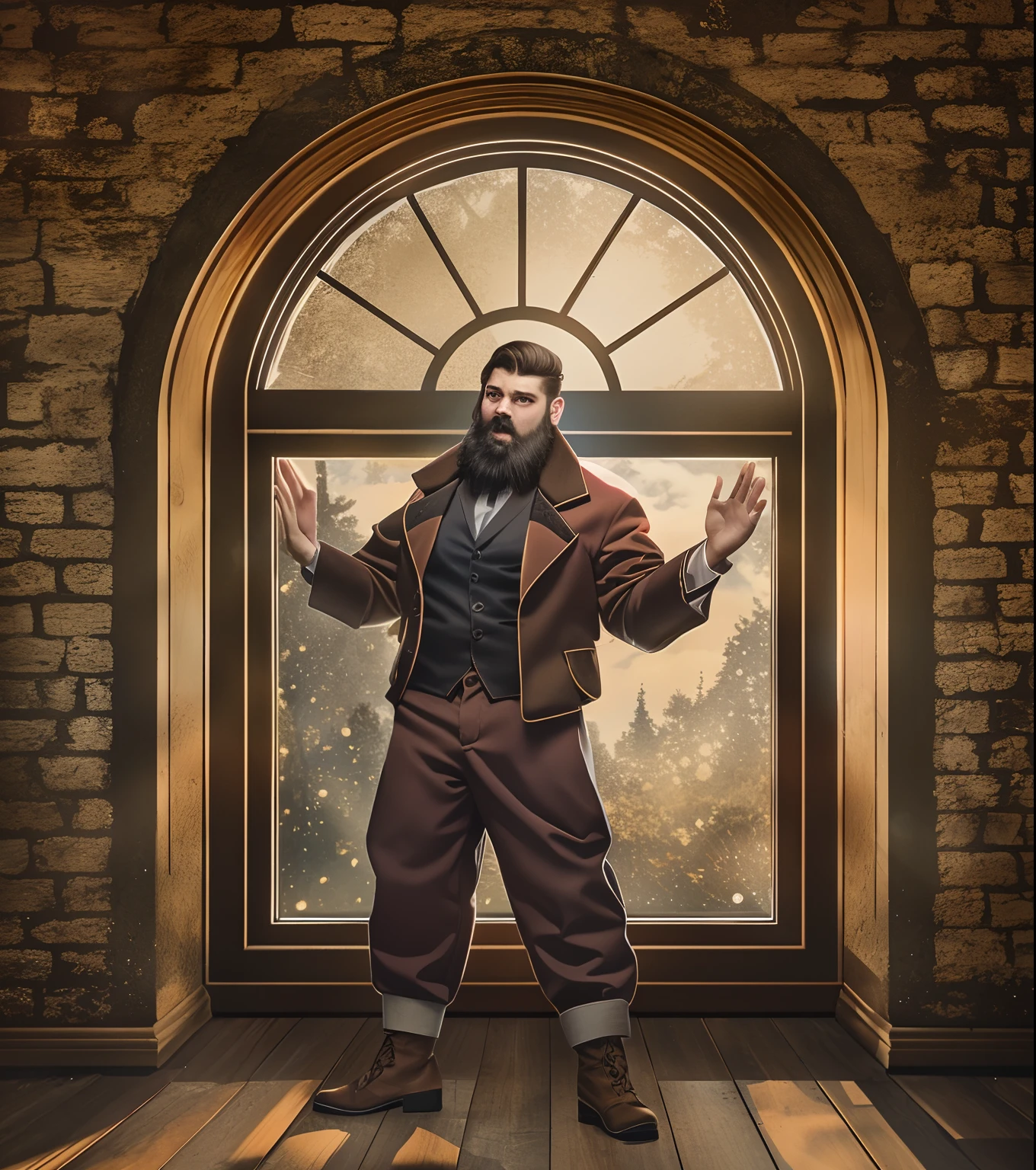 A bearded man in a red jacket and pants stands in front of a window with outstretched arms, full body character concept, full body concept, detailed full body concept, The room has a window overlooking the garden, Brown (Brick) Walls, warm lighting, background illustration, Soft light from the window,  wooden floor, Window with natural light,  Light from the window