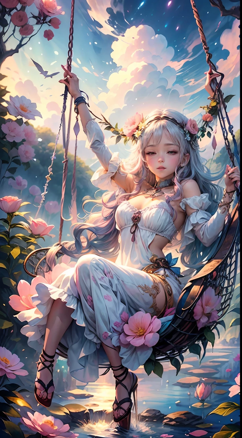 Create a mesermizing scene where a woman is rests from a swing of detailed flowers, delicately suspended with ornate ropes of extremely detailed flowers. The woman is in a mythic realm of dreams. Include floating islands and intricate watercolor skies. The woman's face exudes a sense of peace and happiness as she hangs weightlessly in the air. The environment is filled with fluffy clouds, waterfalls cascading from the floating islands, and a vibrant, surreal environment with beautiful shades of pink, purple, and blue. The atmosphere is filled with a sense of wonder and tranquility. ((Include many shades of pink in the artwork's details and background.)) This scene will be depicted in an anime-style illustration, with soft lines, pastel colors, and a whimsical touch. The artwork will capture the ethereal beauty and tranquility of the dreamlike realm, creating a sense of harmony and escape from the ordinary world.