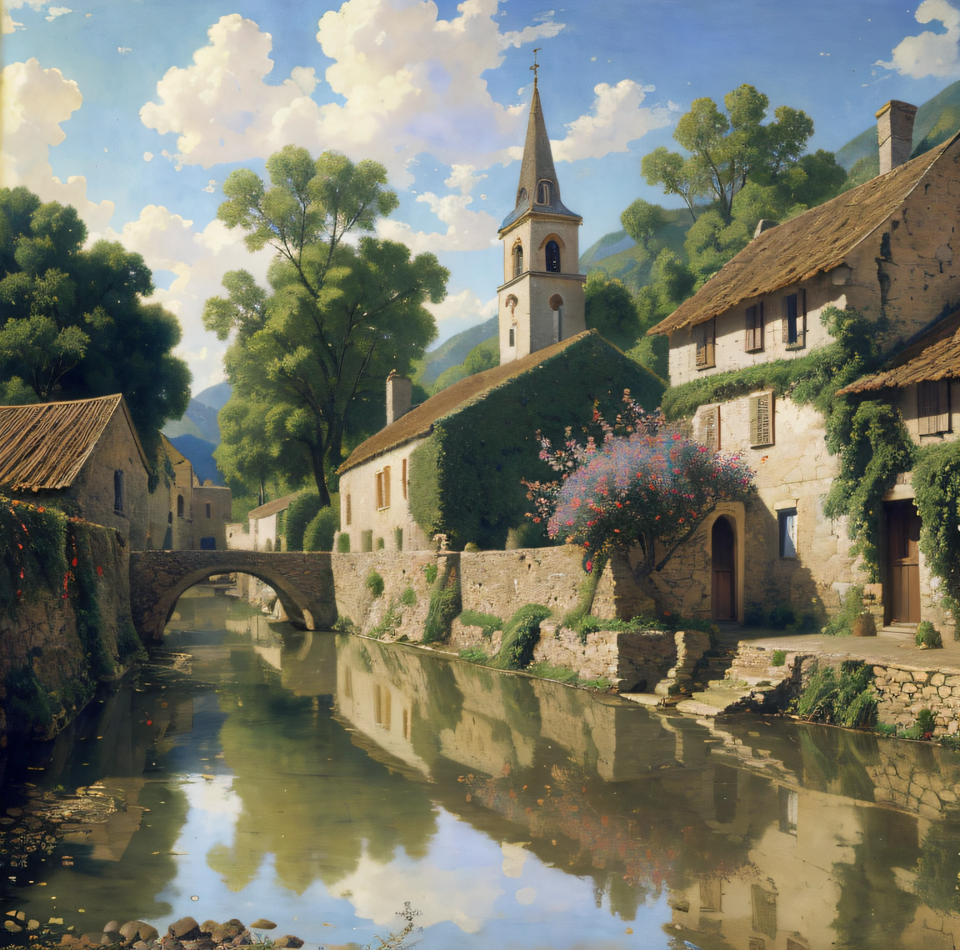 Country landscape, vieux village, eau, wallpaper, la plus belle oeuvre, 8k, photo-realistic, couleurs chaudes, Very detailed, style alma tadema,
