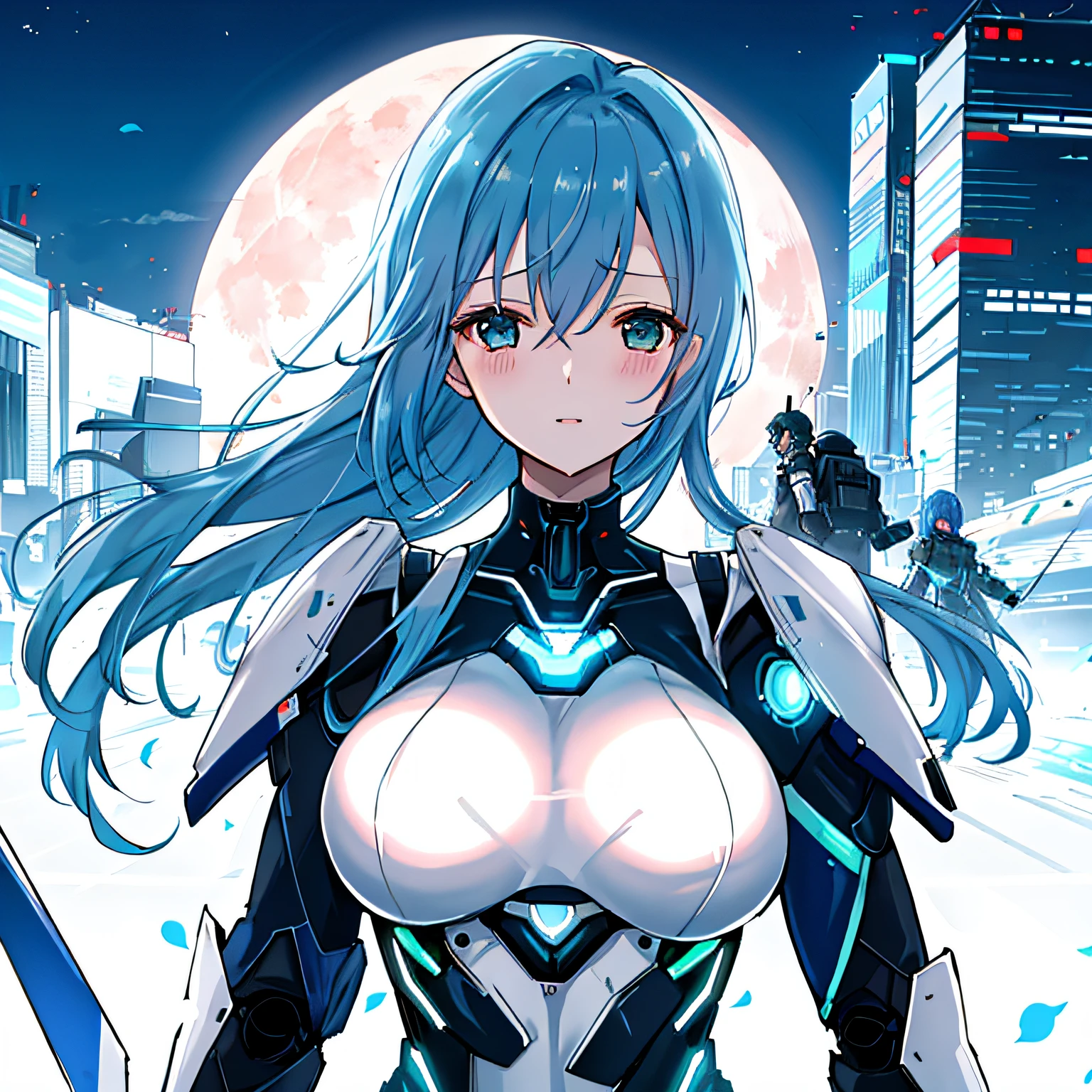 depth of fields、tits out、Cyborg Woman, White Mechanical Suit、robot suit、独奏, Neon light,Cyberpunk、Cyber City、Beautiful、cleavage of the breast、Top image quality、Erotic Woman、Muscle exposure、Katyusha、Luminous Great Rifle、Guns bigger than the body、profile、sideways Facing、Hair in the wind、Blue hair short bob、Blue hair、helmets、bustup、a moon、