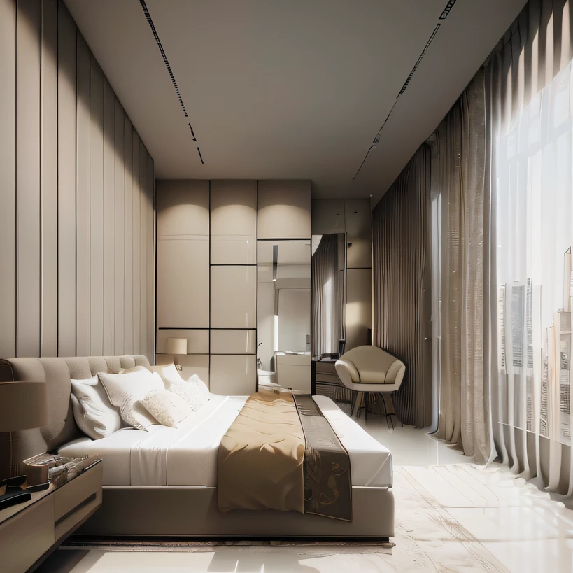 arafed bedroom with a bed, chair, and a large window, beige and dark atmosphere, bed room, inside of a bedroom, bedroom interior, interior of a small room, luxury hd render, dim bedroom, interior architecture view, vray rendered, inside a tall vetical room, luxurious environment, render vray, minimalistic and beautiful,8k post, 8k post,high quality picture, superb detail 8k, by Jacob Pynas, everything is real, architectural shot, modern design, perfect, the bed room is from real, all inside of it is real