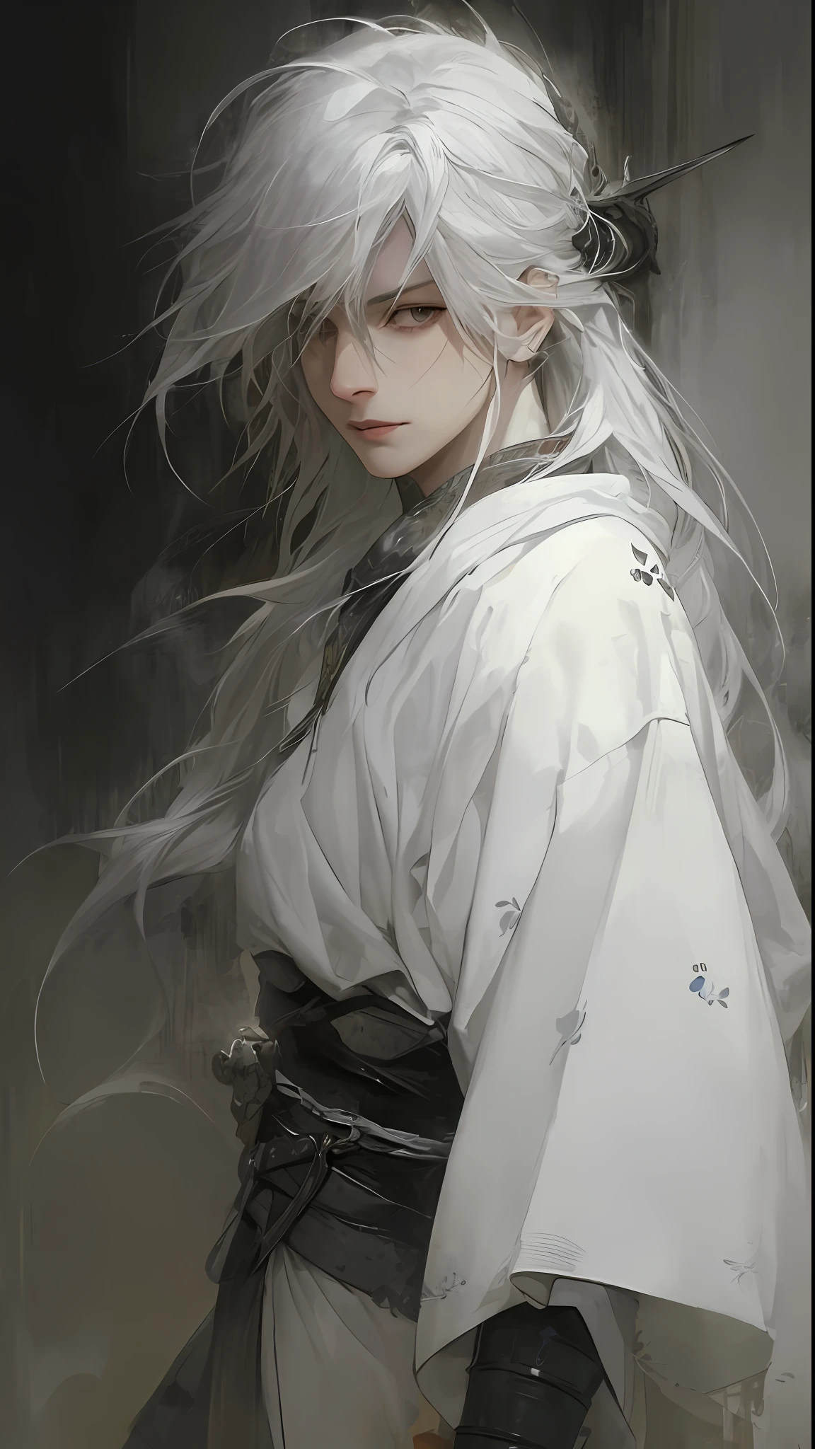 a close up of a person with white hair and a sword, white haired deity, with white long hair, with long white hair, artwork in the style of guweiz, white haired, guweiz, handsome guy in demon slayer art, beautiful character painting, by Yang J, white-haired, guweiz on pixiv artstation, anime character