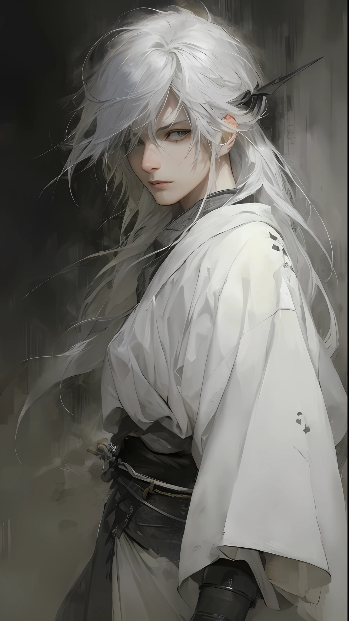 a close up of a person with white hair and a sword, white haired deity, with white long hair, with long white hair, artwork in the style of guweiz, white haired, guweiz, handsome guy in demon slayer art, beautiful character painting, by Yang J, white-haired, guweiz on pixiv artstation, anime character