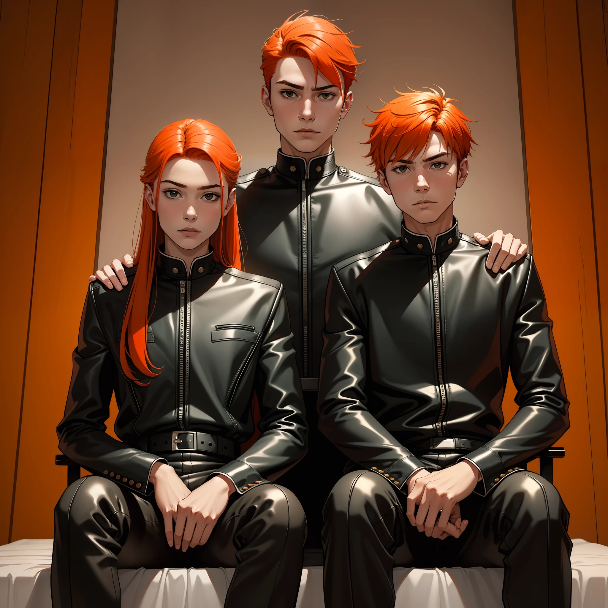 papa, Mom 14 year old brothers pose serious for photo orange hair elegant clothes black leather black