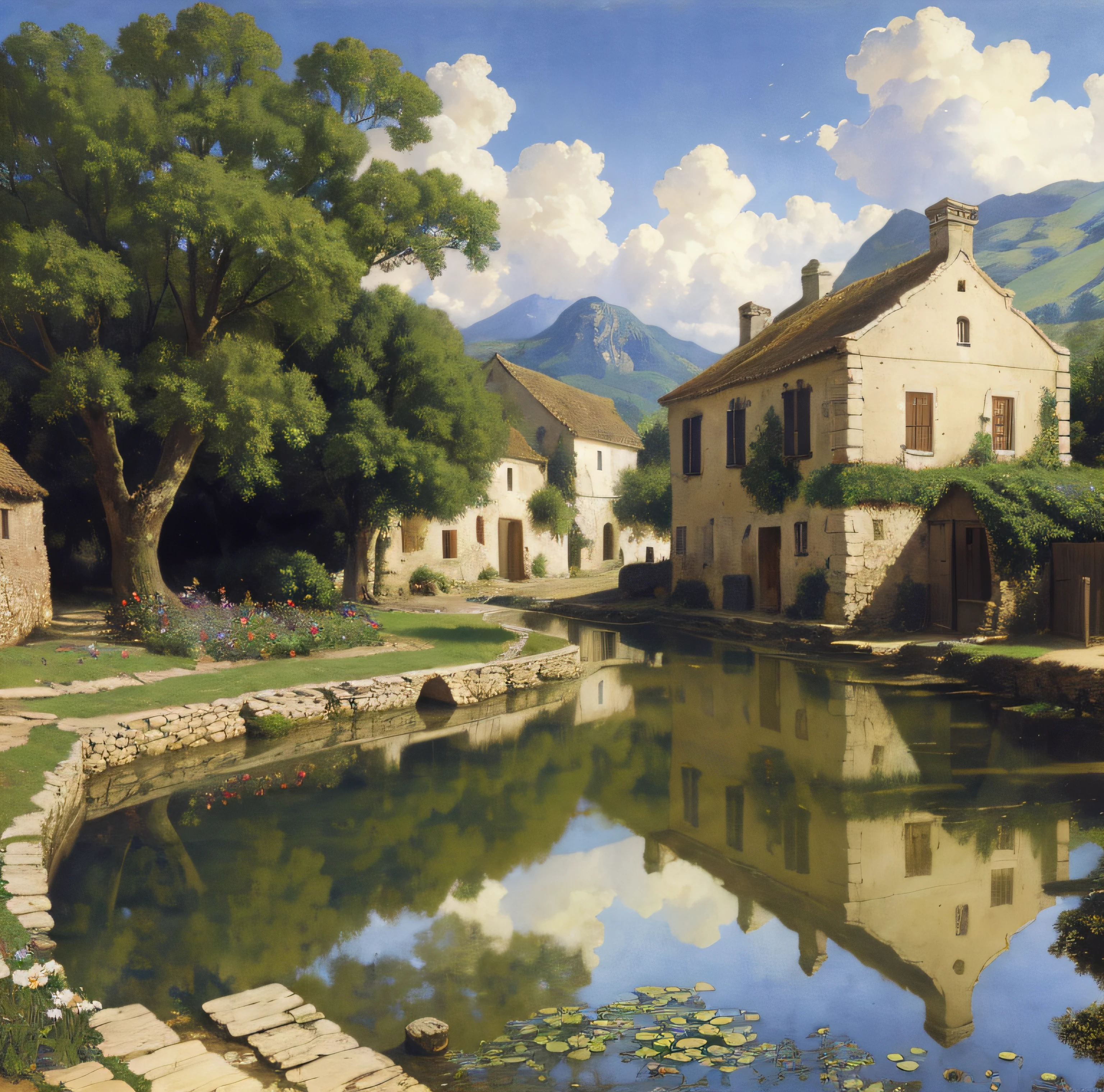 Country landscape, vieux village, eau, wallpaper, la plus belle oeuvre, 8k, photo-realistic, couleurs chaudes, Very detailed, style alma tadema,