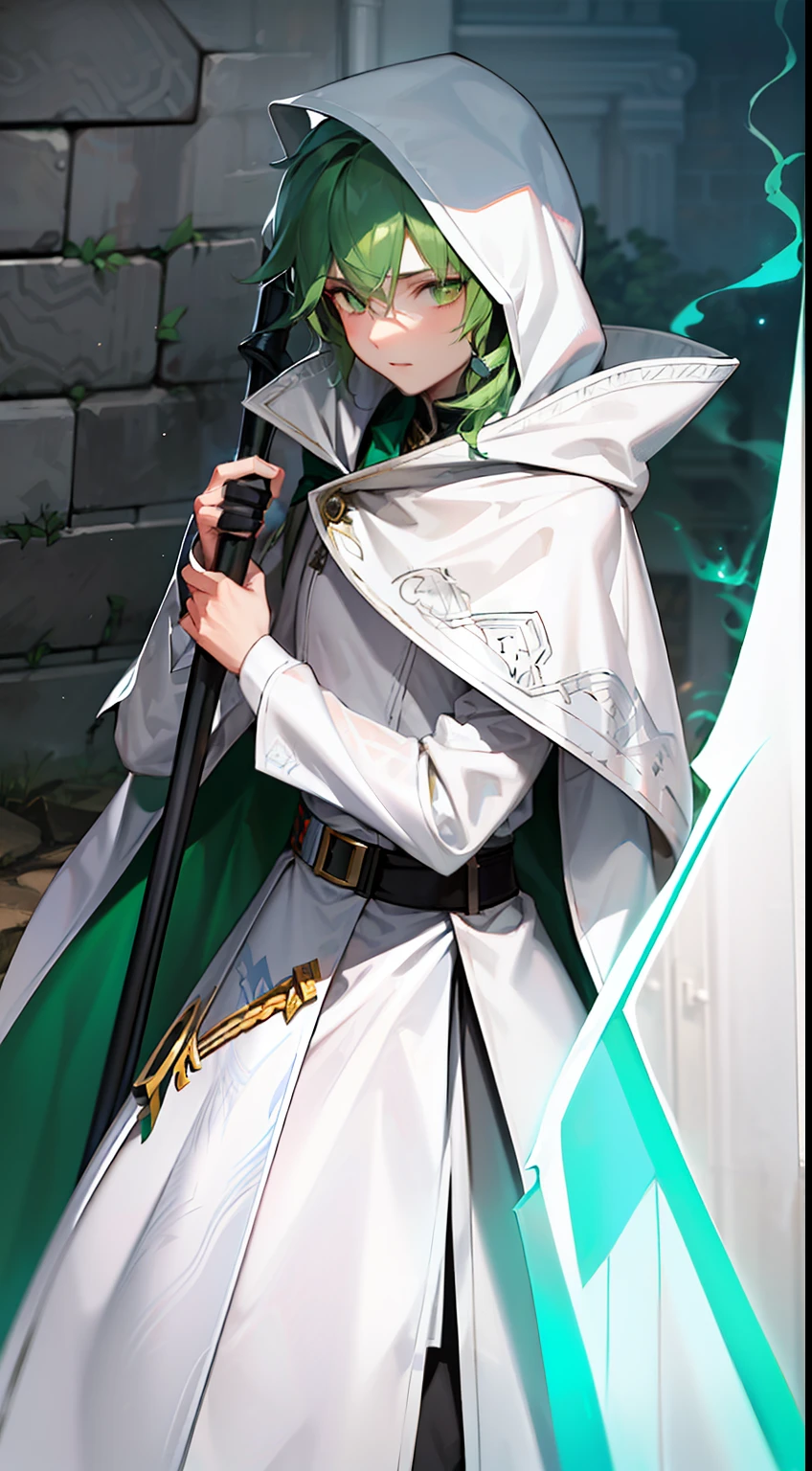 Libido boy, Green hair, Sharp emerald green eyes, Wearing all-white armor，Come out of the smoke, assassins, 8K, holding a scythe, Wearing a white cape，Wears a hood and armor engraved with snake prints, Wearing English Assassin robes.hidden blade，The background is a dark and uninhabited street