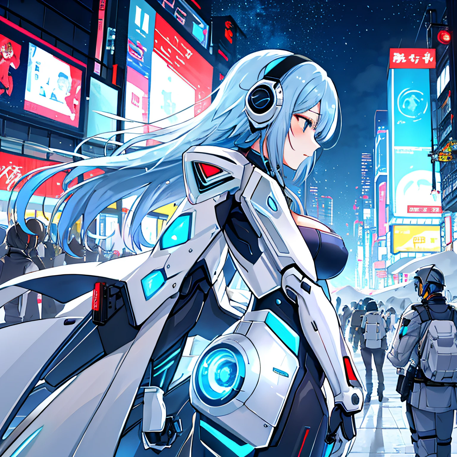depth of fields、tits out、Cyborg Woman, White Mechanical Suit、robot suit、独奏, Neon light,Cyberpunk、Cyber City、Beautiful、cleavage of the breast、Top image quality、Erotic Woman、Muscle exposure、Katyusha、Luminous Great Rifle、Guns bigger than the body、profile、sideways Facing、Hair in the wind、Blue hair short bob、Blue hair、helmets、bustup、a moon、