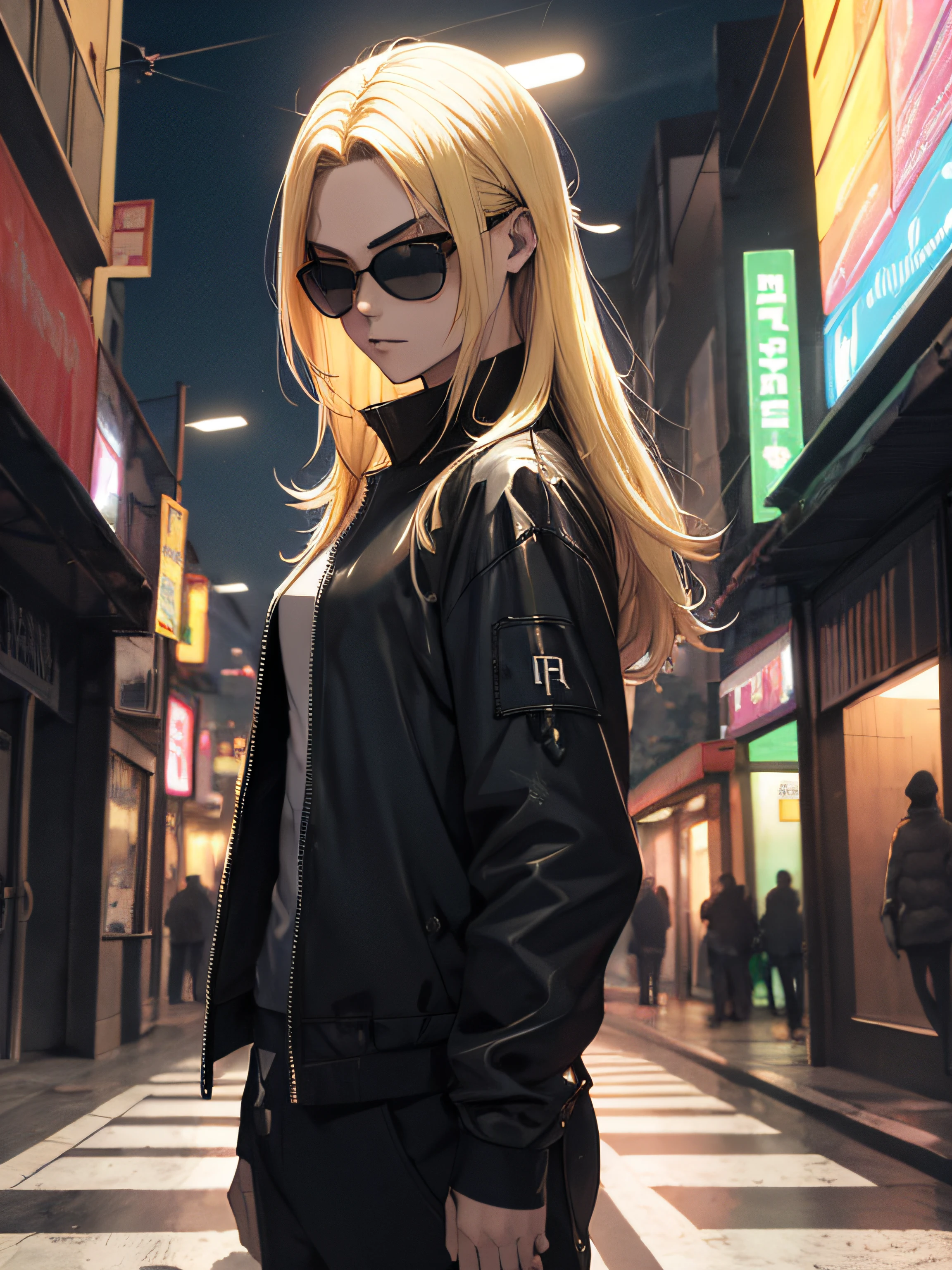 hacker, capuz, sunglasses, Movie scenery, luz neon extremidades, master part, Segure um raio, masculino, adulto, ((cabelo blond)), ((cabelo longo)), (rosto, ultra detalhados), raio, Matriz de pose, roupas Matrix, Escuro, nebula, roupa sobre tudo, manto negro noite, matrix, melhor qualidade, obra-prima, realista