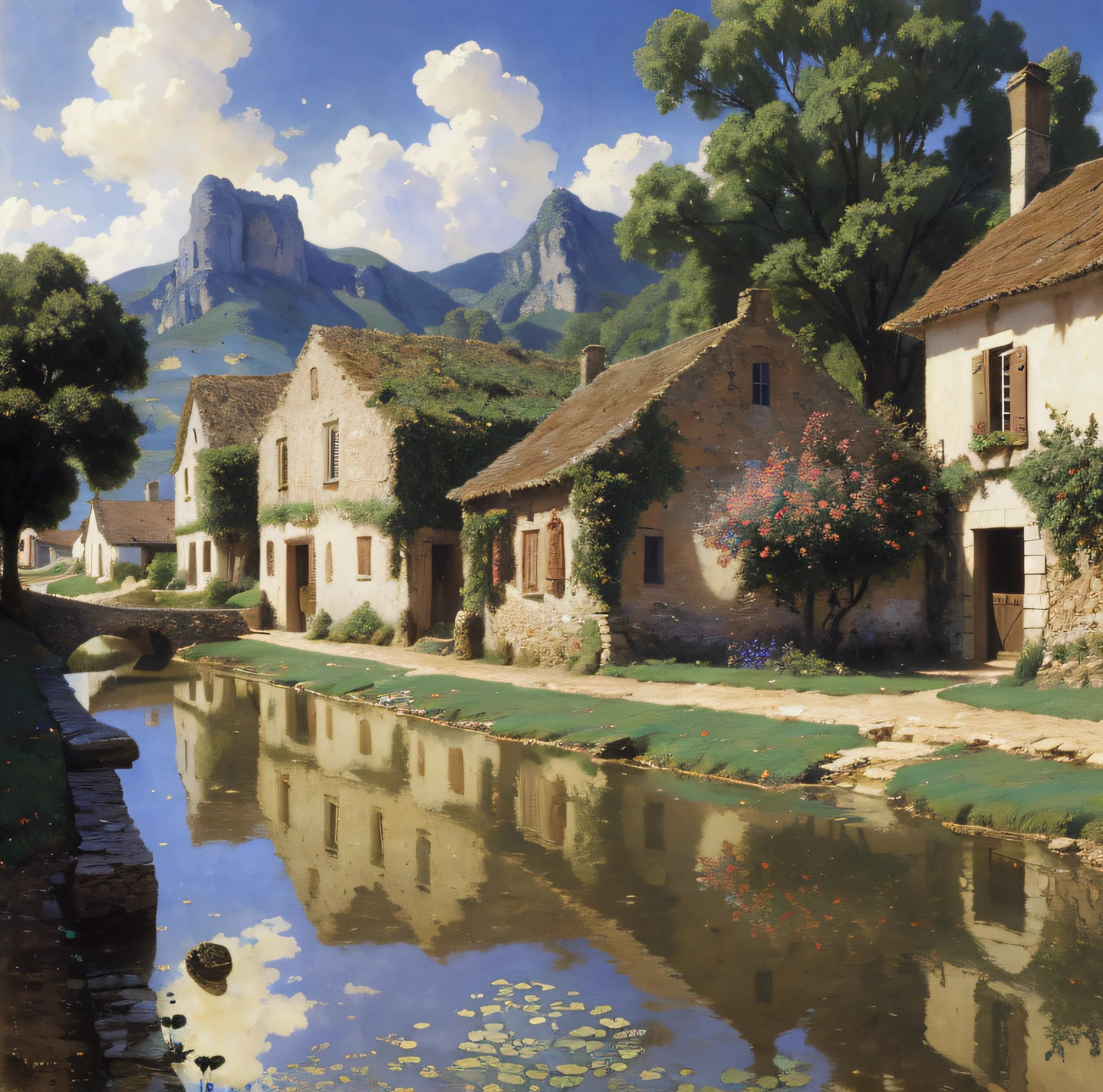 Country landscape, vieux village, eau, wallpaper, la plus belle oeuvre, 8k, photo-realistic, couleurs chaudes, Very detailed, style alma tadema,